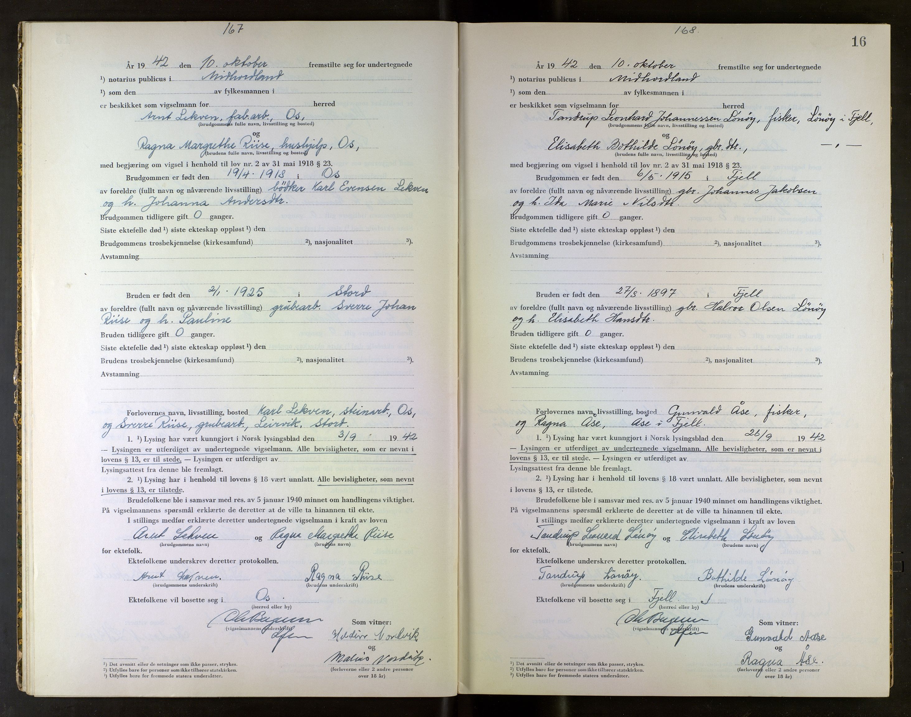Midhordland sorenskriveri, AV/SAB-A-3001/1/M/Mc/Mca/L0003: Notarialbilag. Vigselbøker, 1942-1943, s. 16