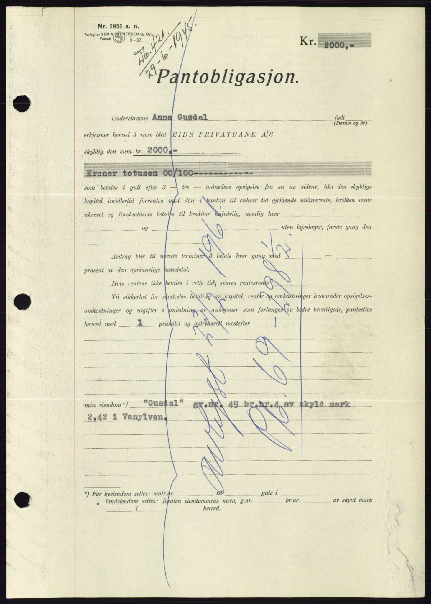 Søre Sunnmøre sorenskriveri, AV/SAT-A-4122/1/2/2C/L0114: Pantebok nr. 1-2B, 1943-1947, Dagboknr: 421/1945