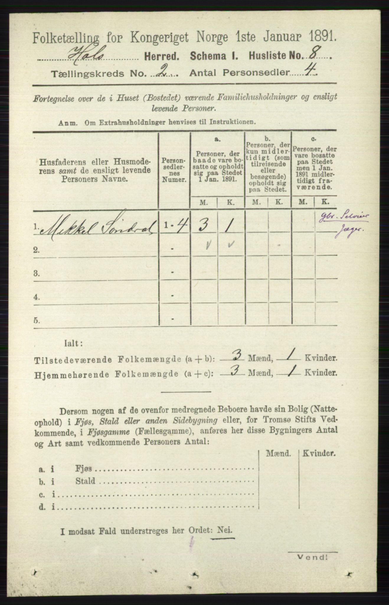 RA, Folketelling 1891 for 0620 Hol herred, 1891, s. 290