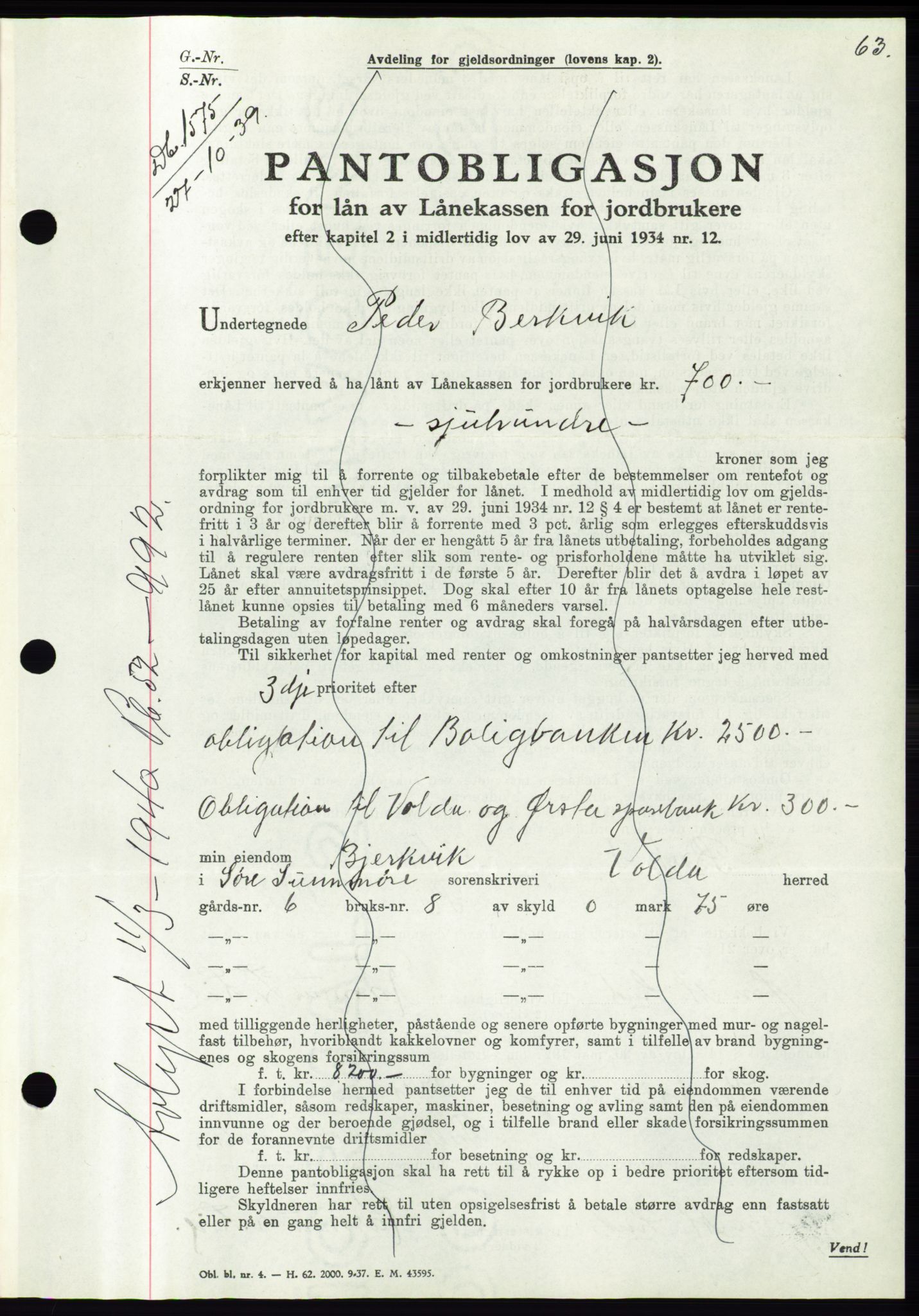 Søre Sunnmøre sorenskriveri, AV/SAT-A-4122/1/2/2C/L0069: Pantebok nr. 63, 1939-1940, Dagboknr: 1575/1939