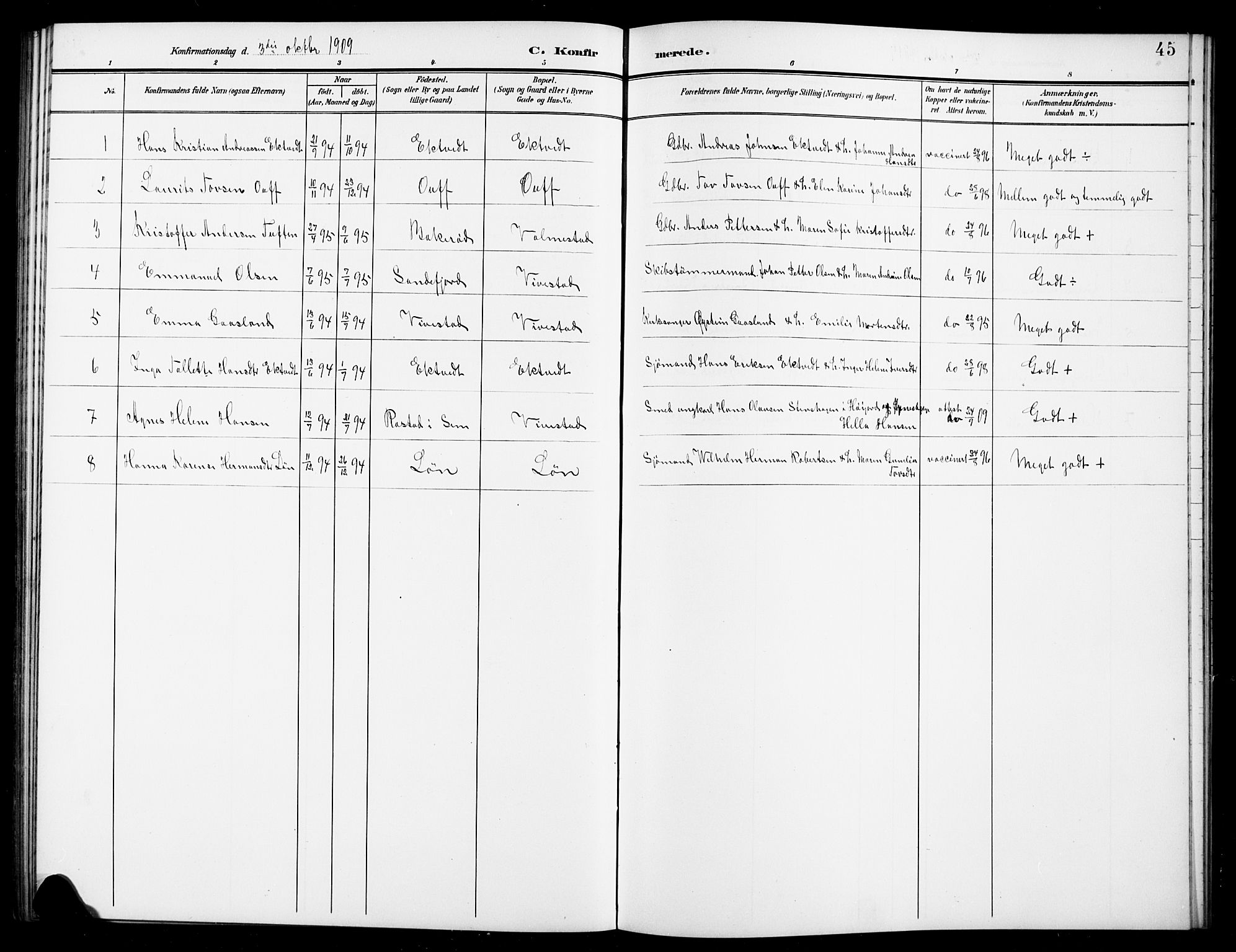 Ramnes kirkebøker, SAKO/A-314/G/Gc/L0002: Klokkerbok nr. III 2, 1903-1924, s. 45