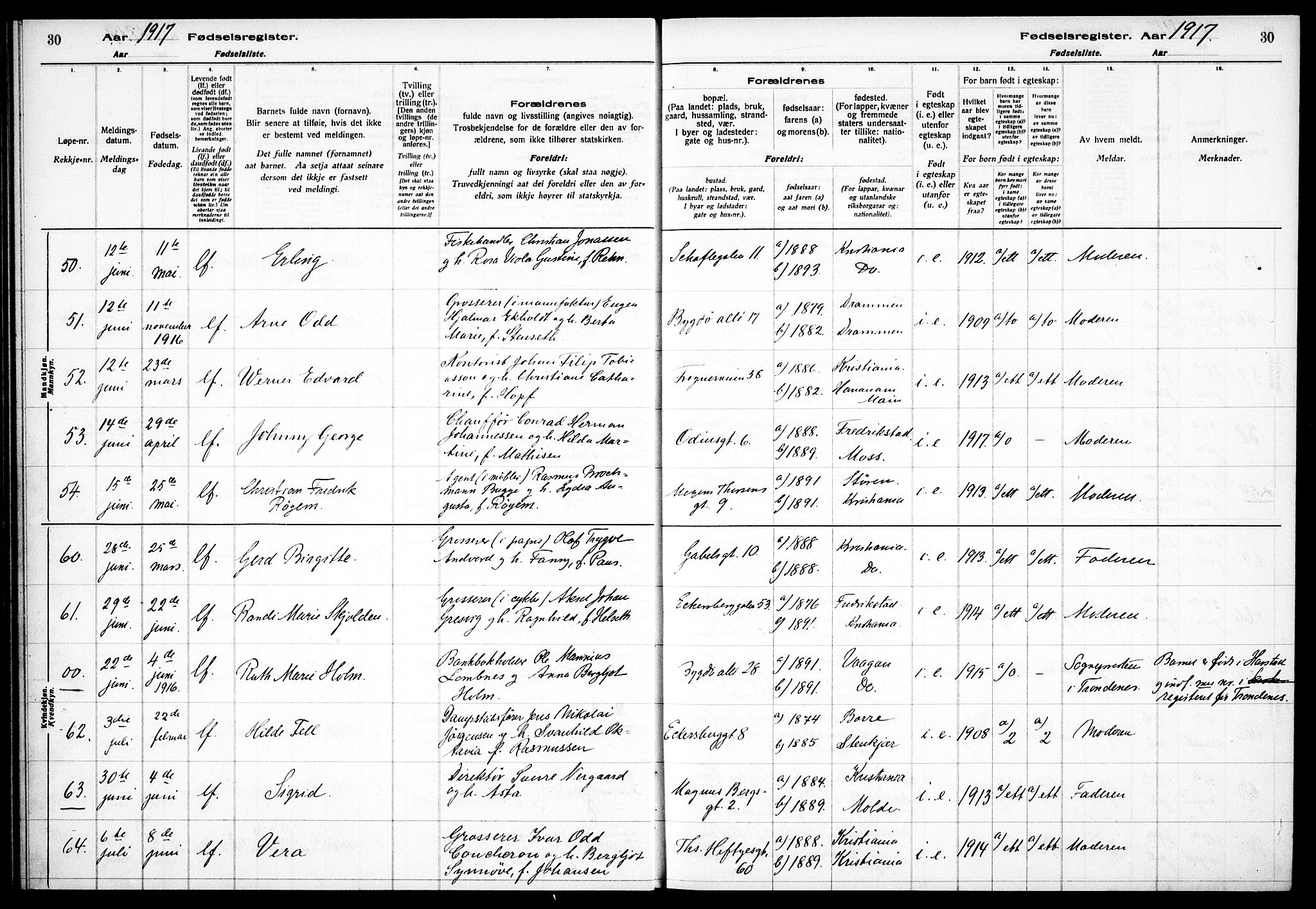 Frogner prestekontor Kirkebøker, SAO/A-10886/J/Ja/L0001: Fødselsregister nr. 1, 1916-1927, s. 30