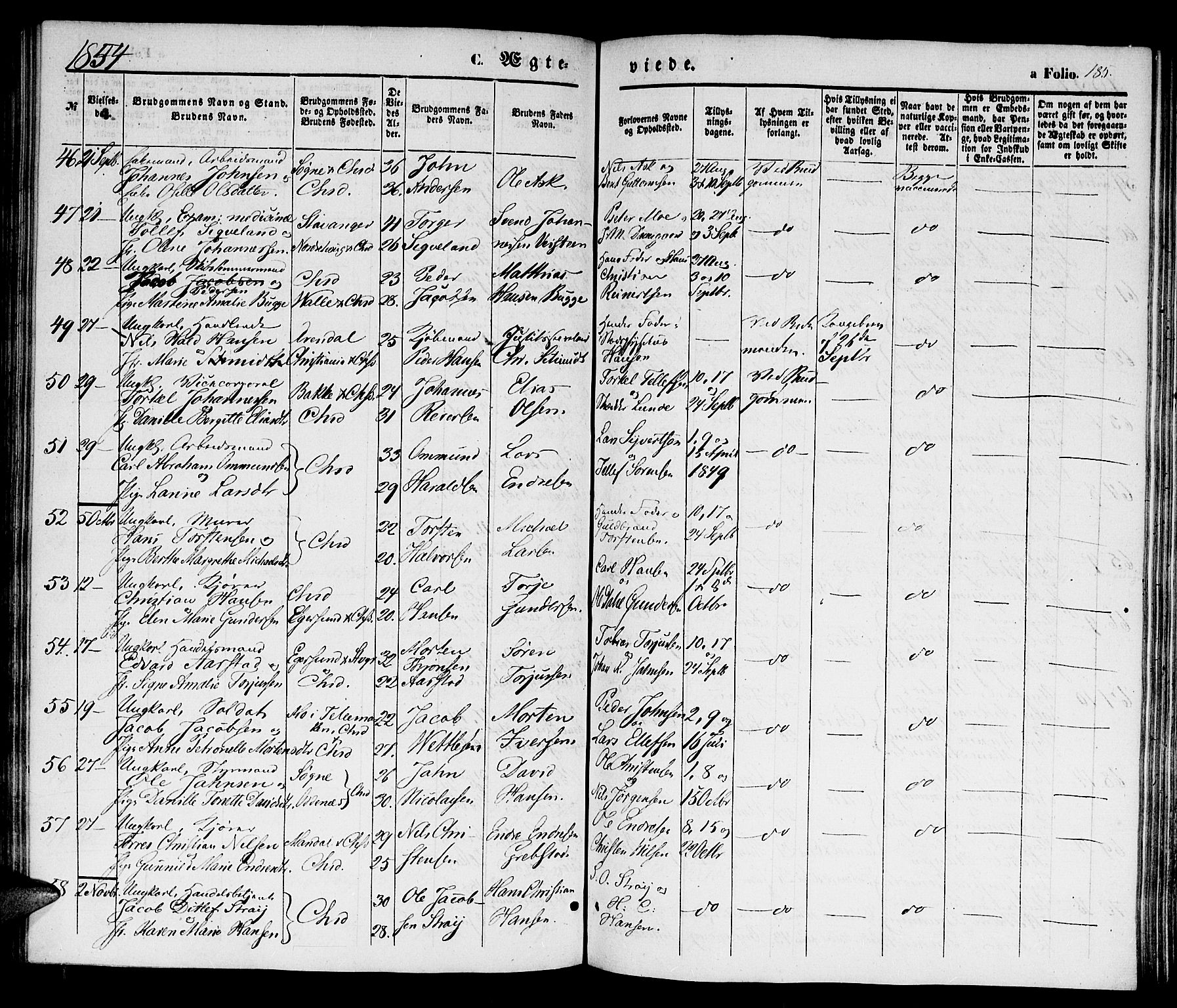 Kristiansand domprosti, AV/SAK-1112-0006/F/Fb/L0011: Klokkerbok nr. B 11, 1851-1861, s. 185