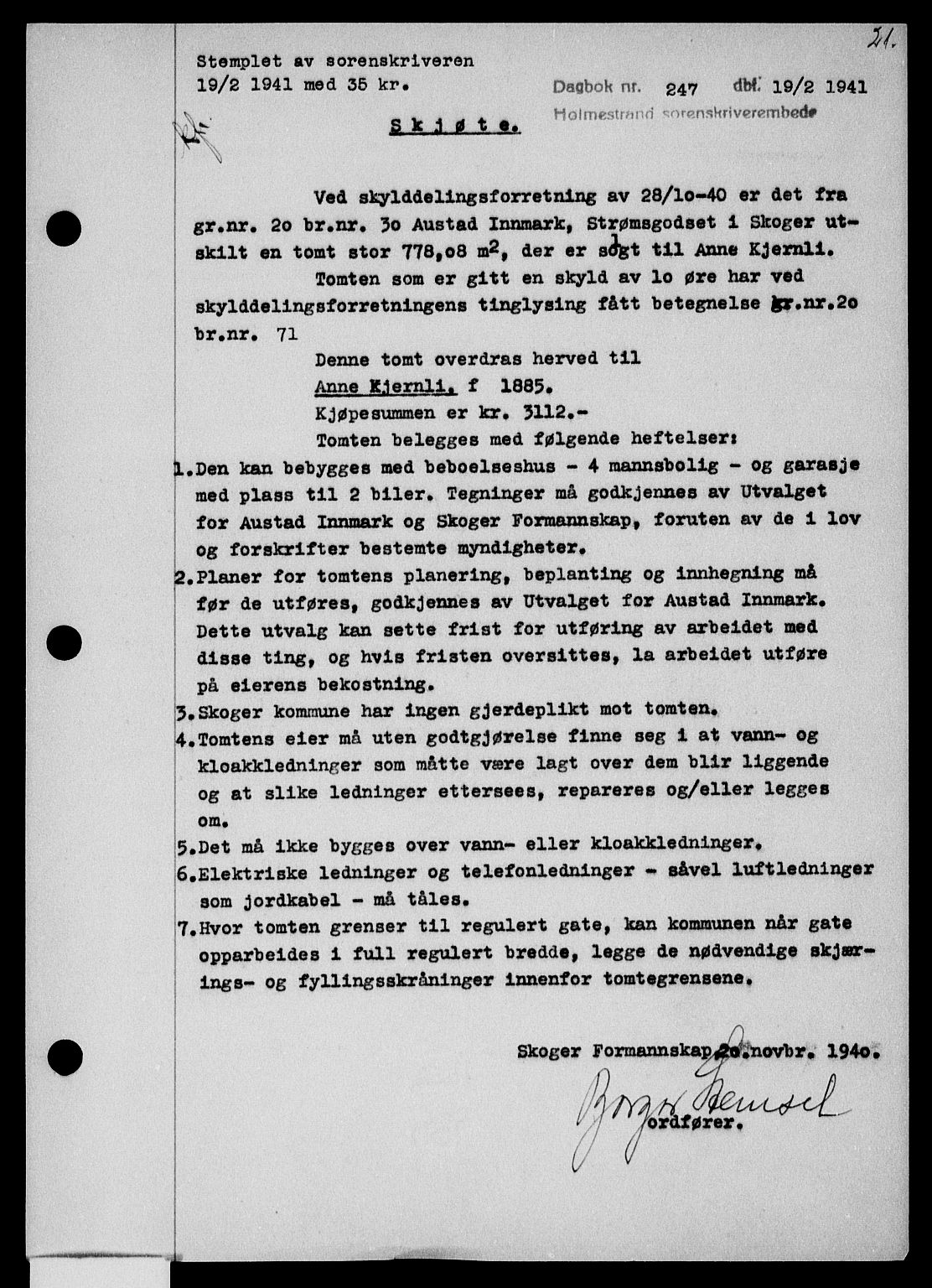 Holmestrand sorenskriveri, SAKO/A-67/G/Ga/Gaa/L0053: Pantebok nr. A-53, 1941-1941, Dagboknr: 247/1941