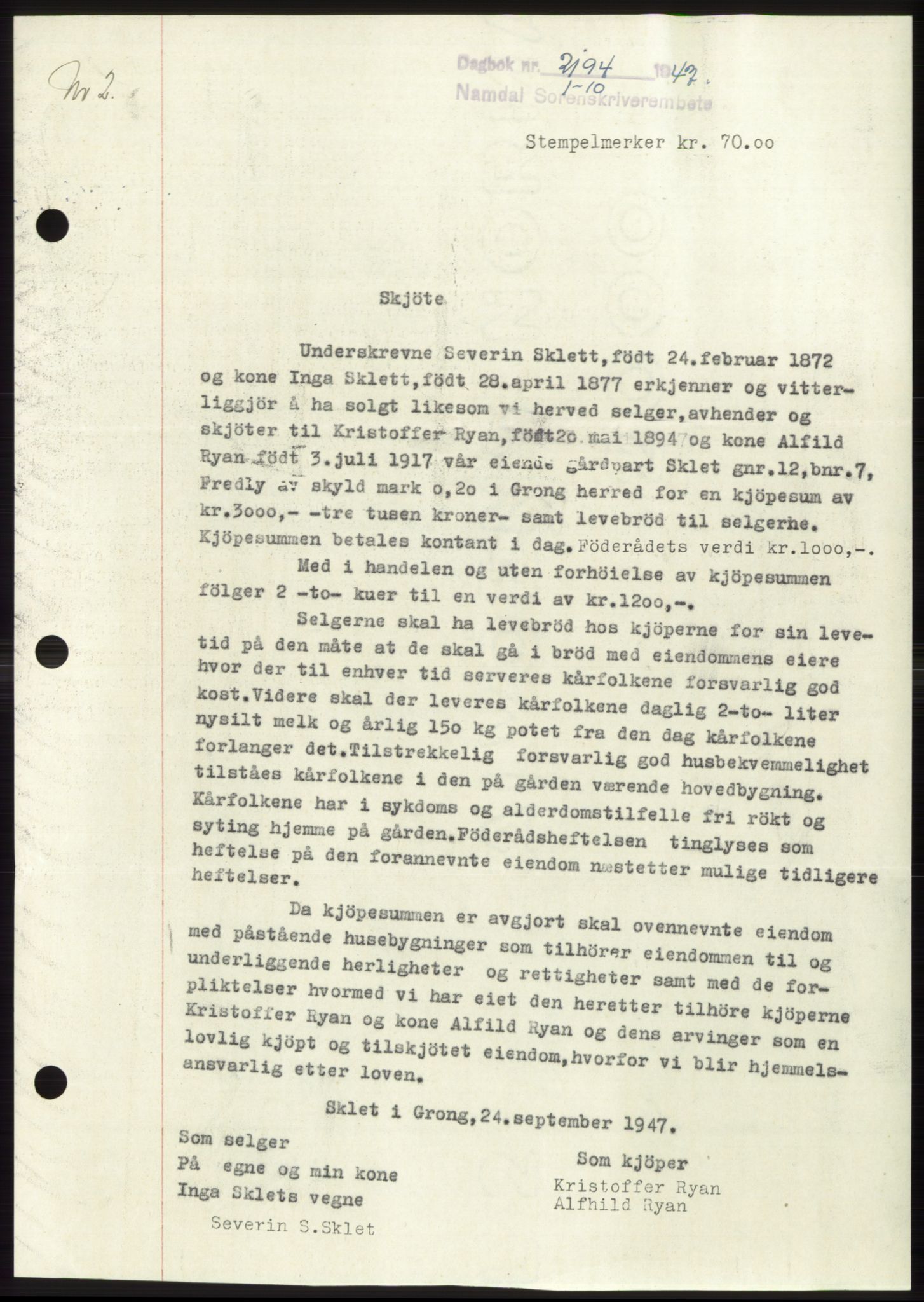 Namdal sorenskriveri, SAT/A-4133/1/2/2C: Pantebok nr. -, 1947-1947, Dagboknr: 2194/1947