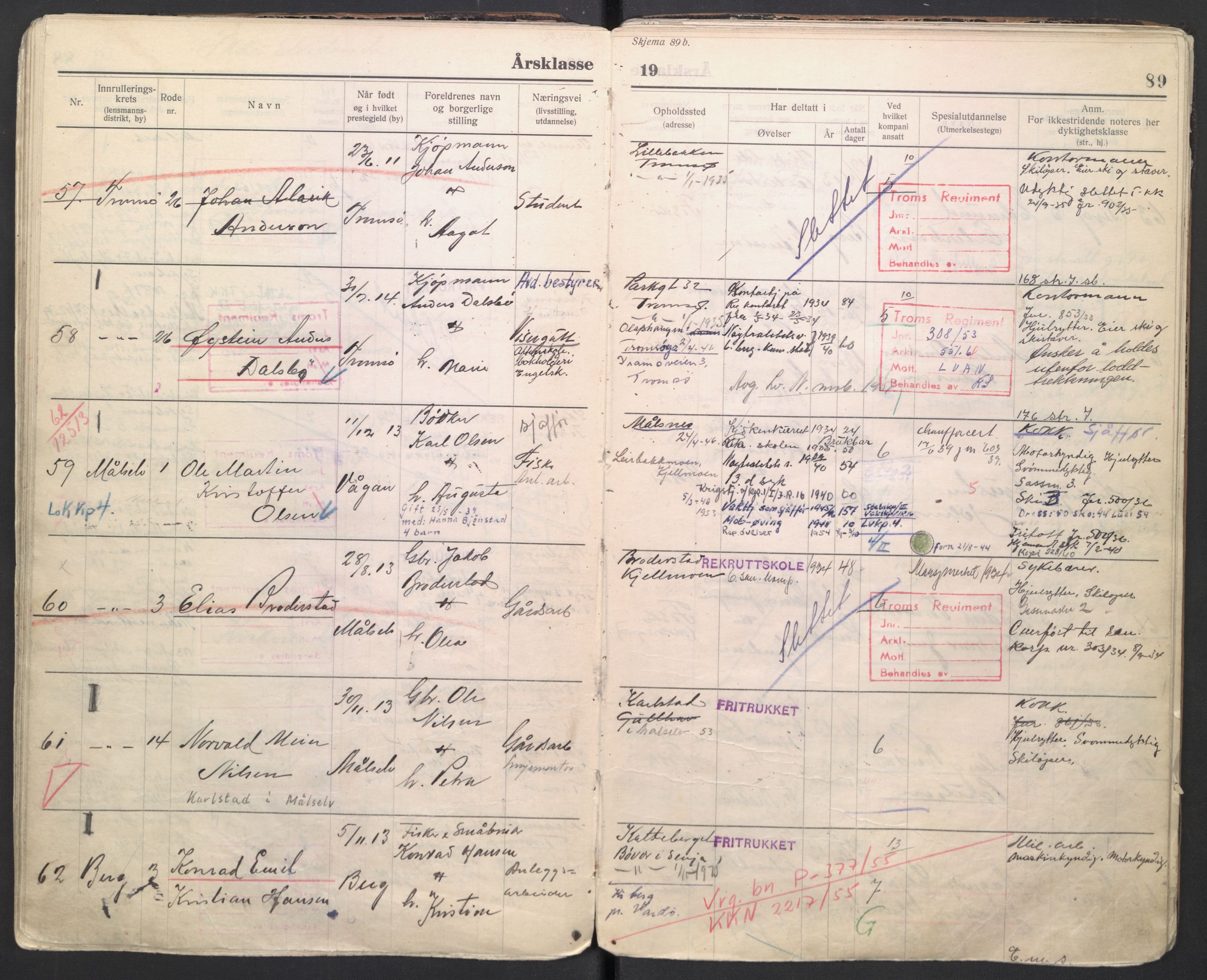 Forsvaret, Troms infanteriregiment nr. 16, AV/RA-RAFA-3146/P/Pa/L0006/0007: Ruller / Rulle for regimentets menige mannskaper, årsklasse 1934, 1934, s. 89