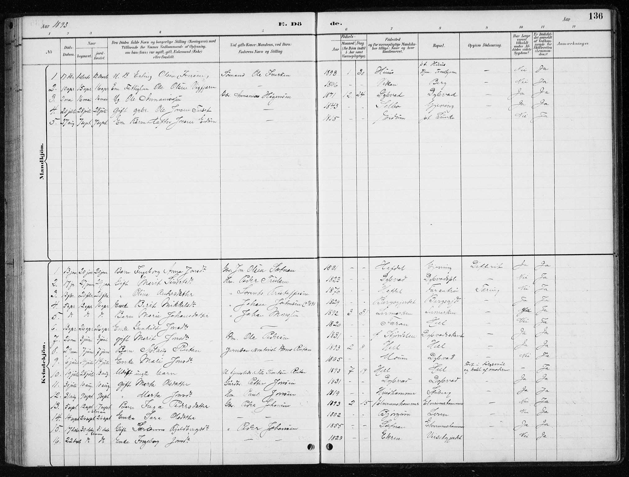 Ministerialprotokoller, klokkerbøker og fødselsregistre - Nord-Trøndelag, AV/SAT-A-1458/710/L0096: Klokkerbok nr. 710C01, 1892-1925, s. 136