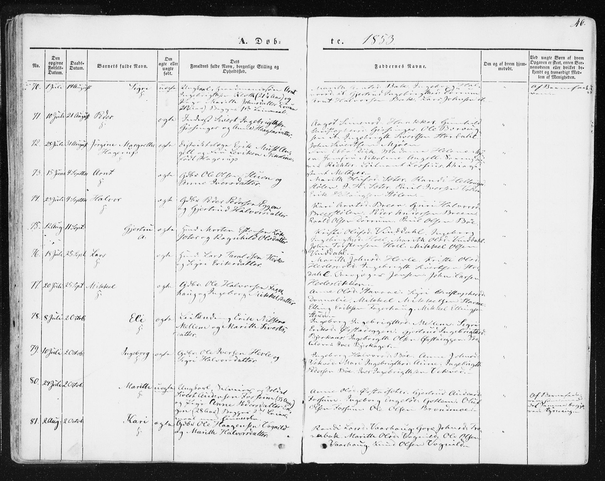 Ministerialprotokoller, klokkerbøker og fødselsregistre - Sør-Trøndelag, SAT/A-1456/678/L0899: Ministerialbok nr. 678A08, 1848-1872, s. 46