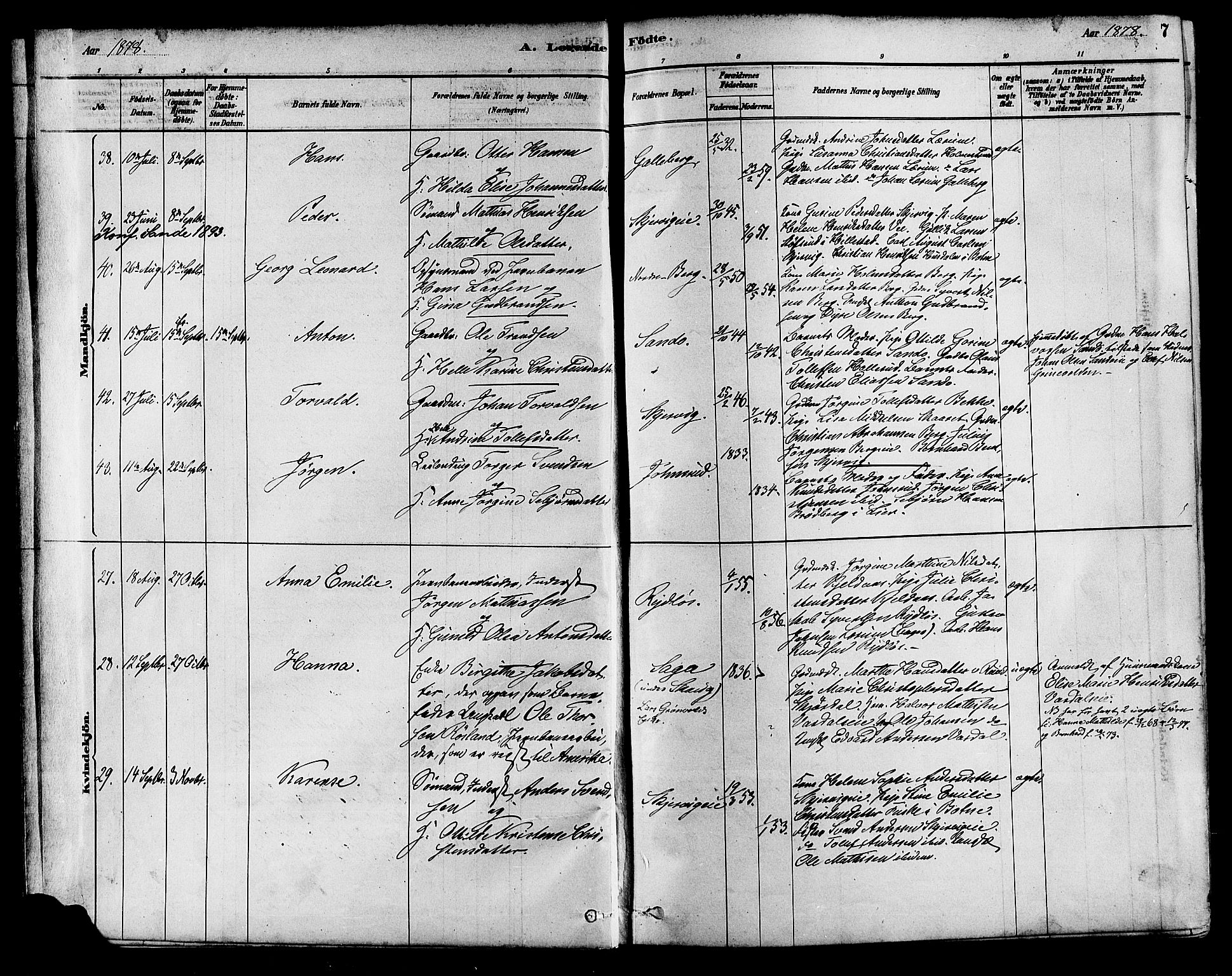 Sande Kirkebøker, AV/SAKO-A-53/F/Fa/L0006: Ministerialbok nr. 6, 1878-1888, s. 7
