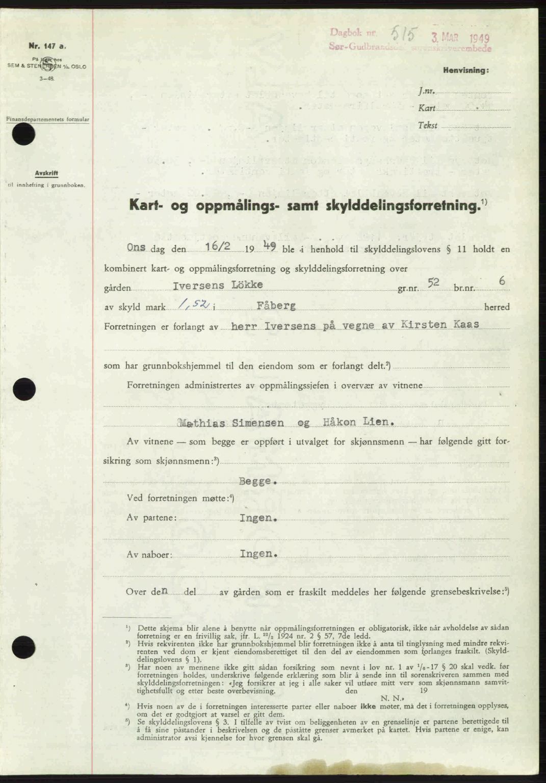 Sør-Gudbrandsdal tingrett, SAH/TING-004/H/Hb/Hbd/L0024: Pantebok nr. A24, 1948-1949, Dagboknr: 515/1949