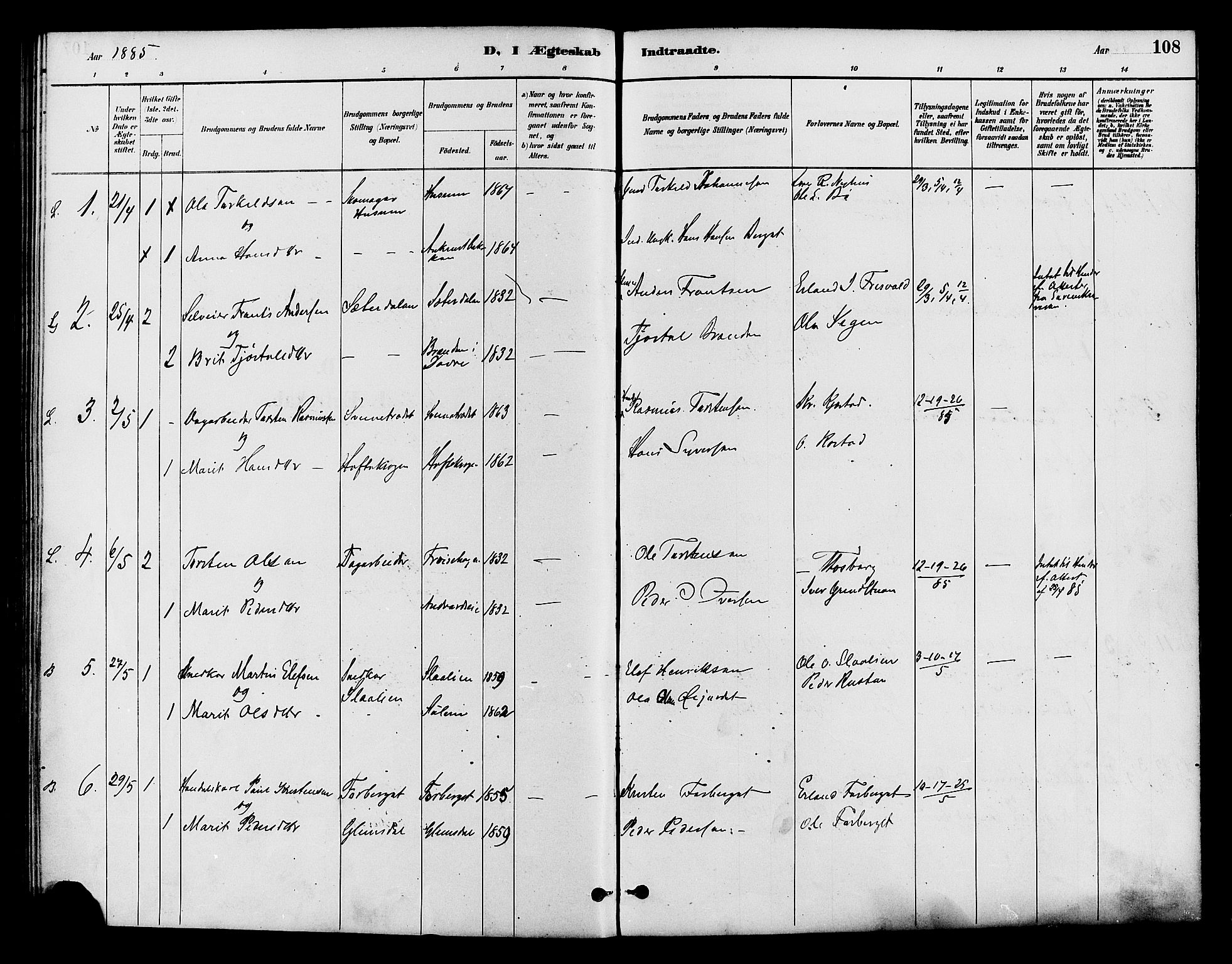 Lom prestekontor, AV/SAH-PREST-070/K/L0008: Ministerialbok nr. 8, 1885-1898, s. 108