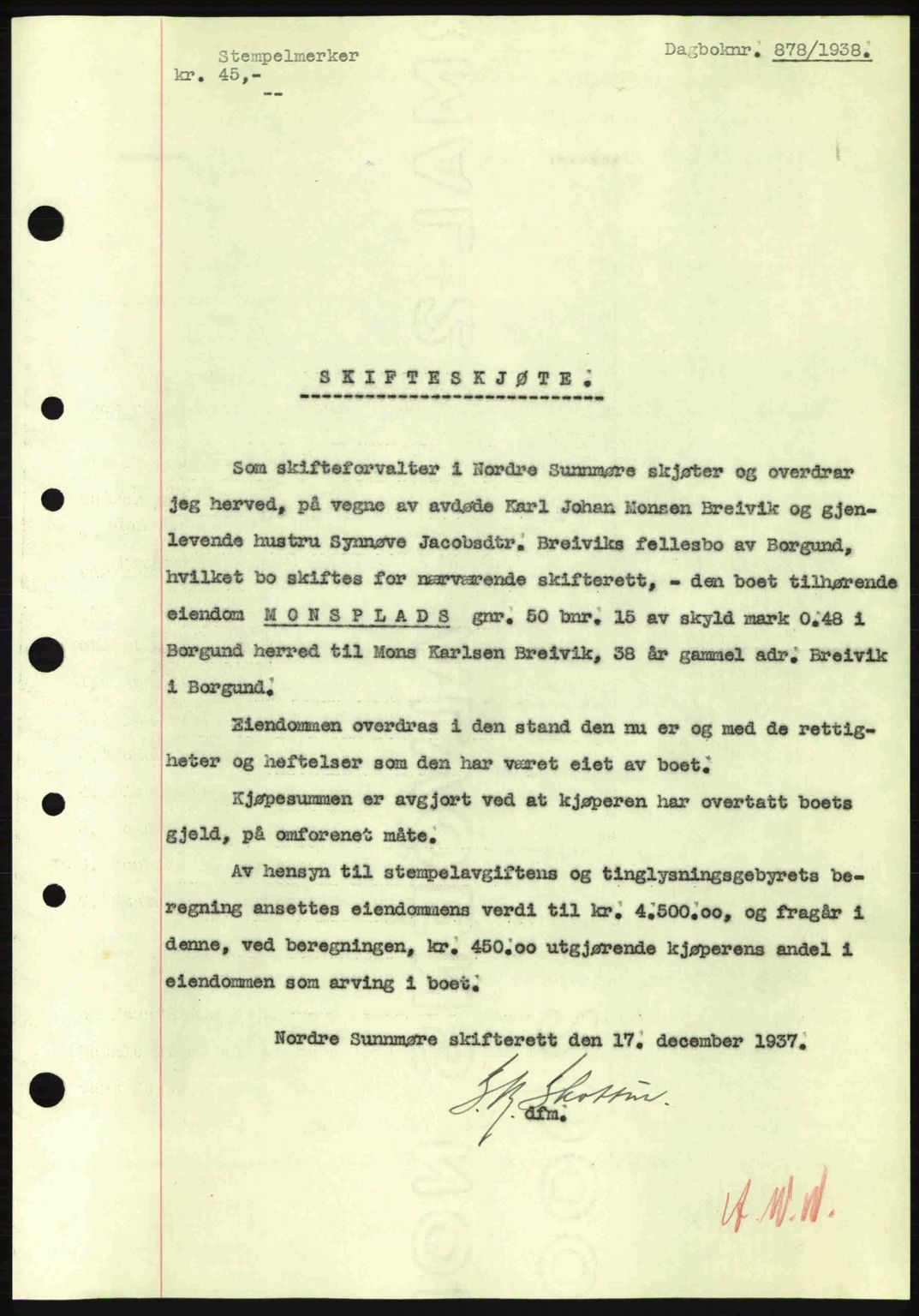 Nordre Sunnmøre sorenskriveri, AV/SAT-A-0006/1/2/2C/2Ca: Pantebok nr. A4, 1937-1938, Dagboknr: 878/1938