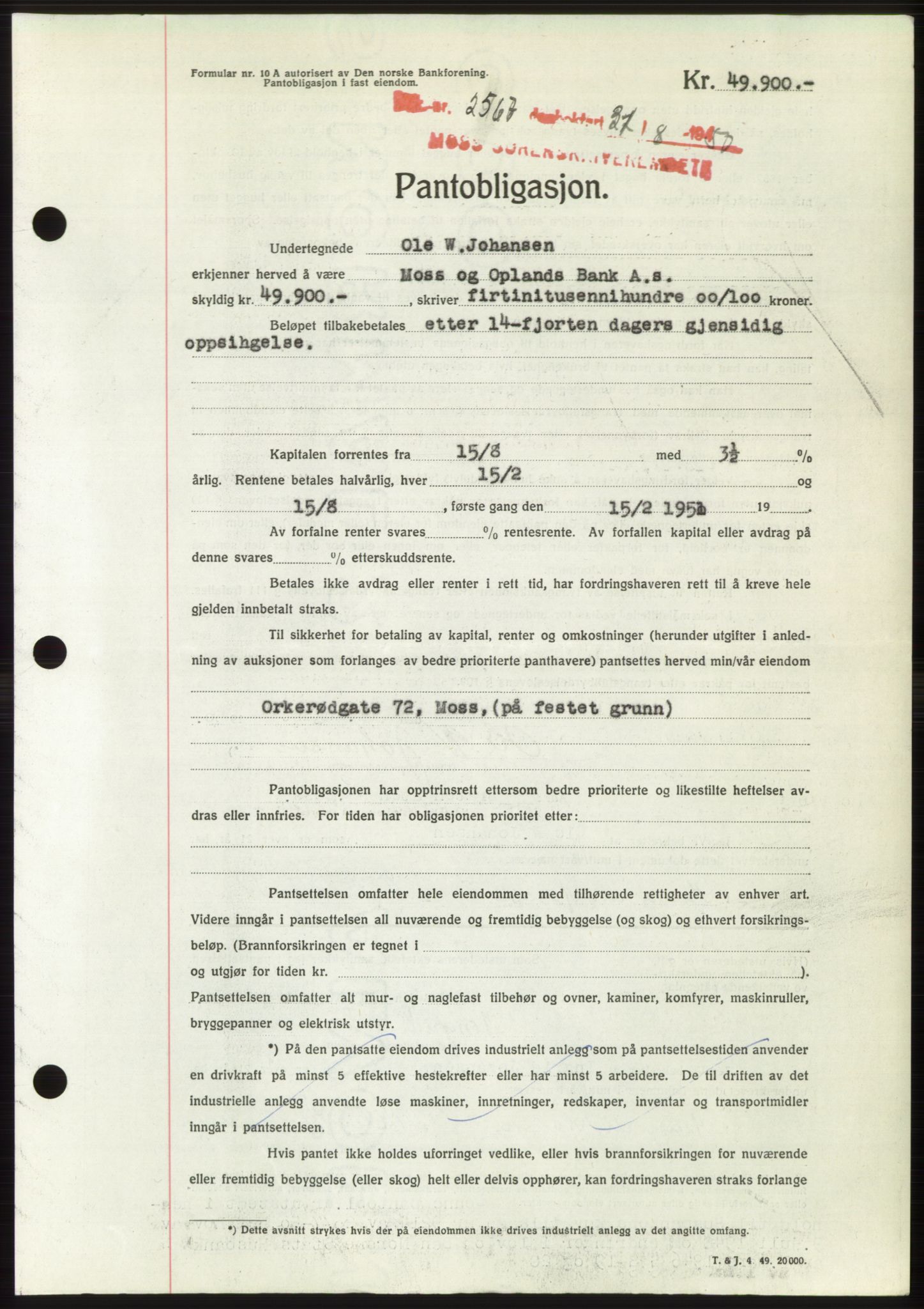 Moss sorenskriveri, SAO/A-10168: Pantebok nr. B25, 1950-1950, Dagboknr: 2567/1950