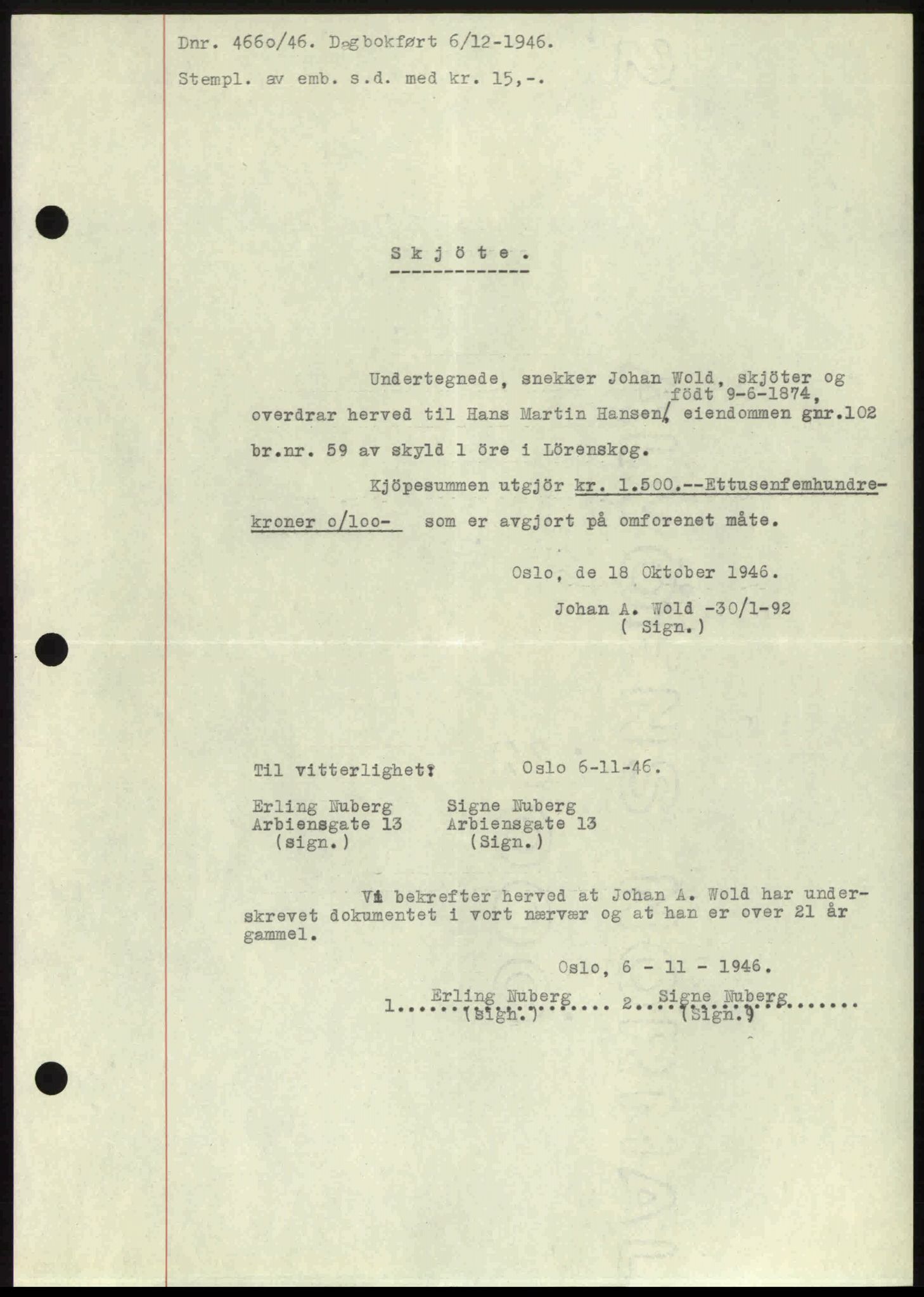 Nedre Romerike sorenskriveri, AV/SAO-A-10469/G/Gb/Gbd/L0017: Pantebok nr. 17, 1946-1946, Dagboknr: 4660/1946