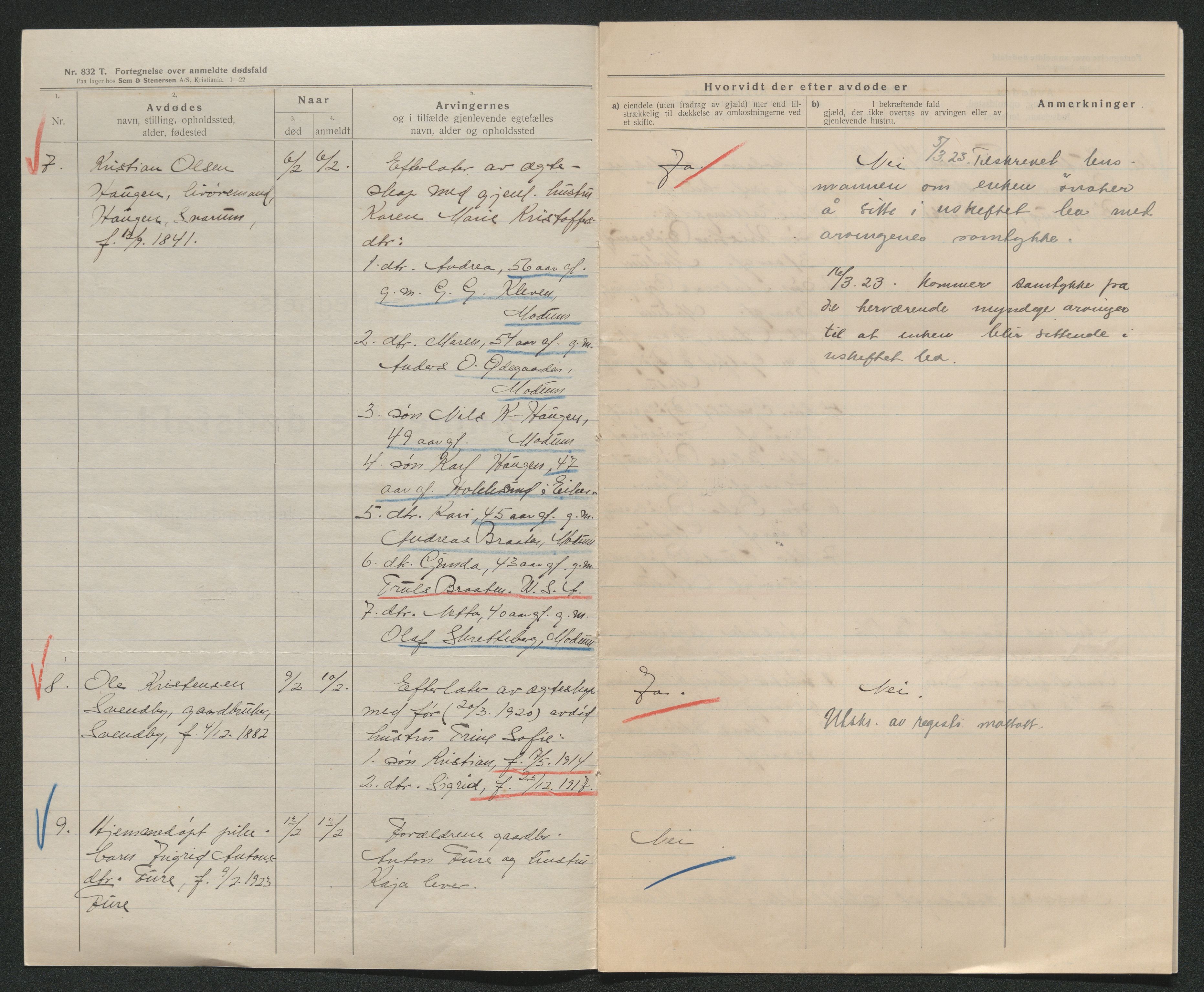 Eiker, Modum og Sigdal sorenskriveri, AV/SAKO-A-123/H/Ha/Hab/L0041: Dødsfallsmeldinger, 1922-1923, s. 577