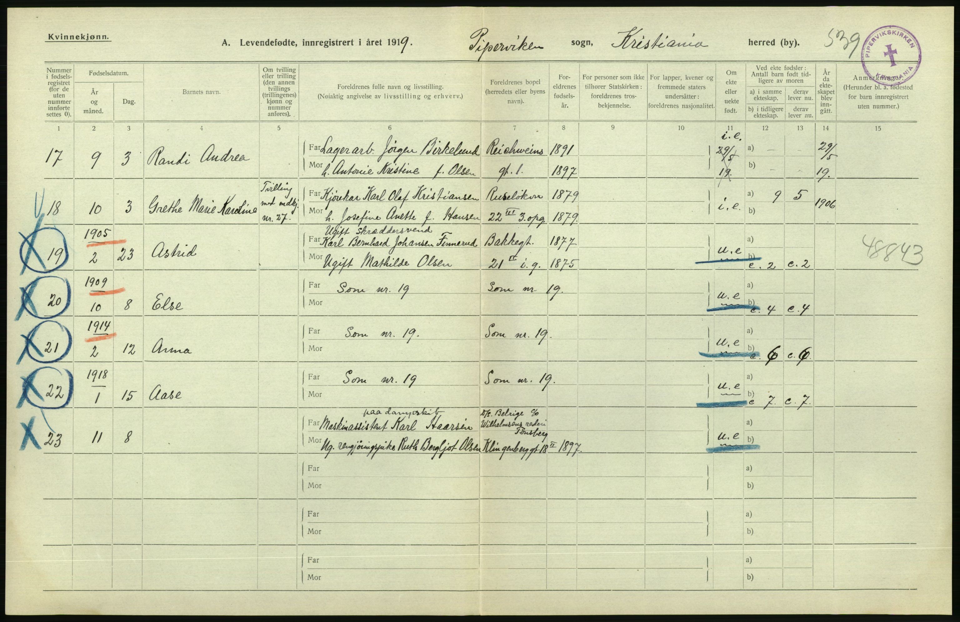 Statistisk sentralbyrå, Sosiodemografiske emner, Befolkning, AV/RA-S-2228/D/Df/Dfb/Dfbi/L0008: Kristiania: Levendefødte menn og kvinner., 1919