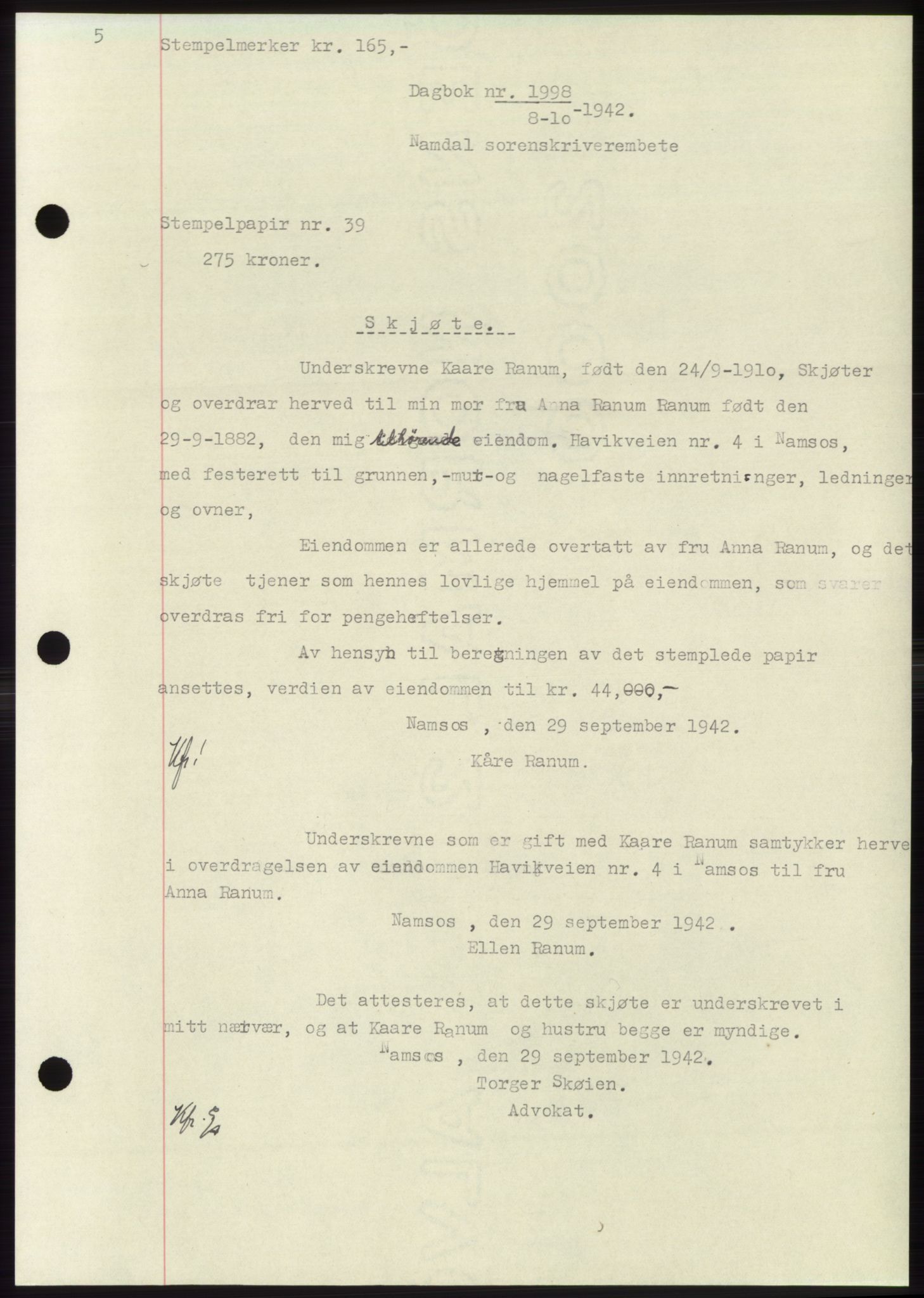 Namdal sorenskriveri, SAT/A-4133/1/2/2C: Pantebok nr. -, 1942-1943, Dagboknr: 1998/1942