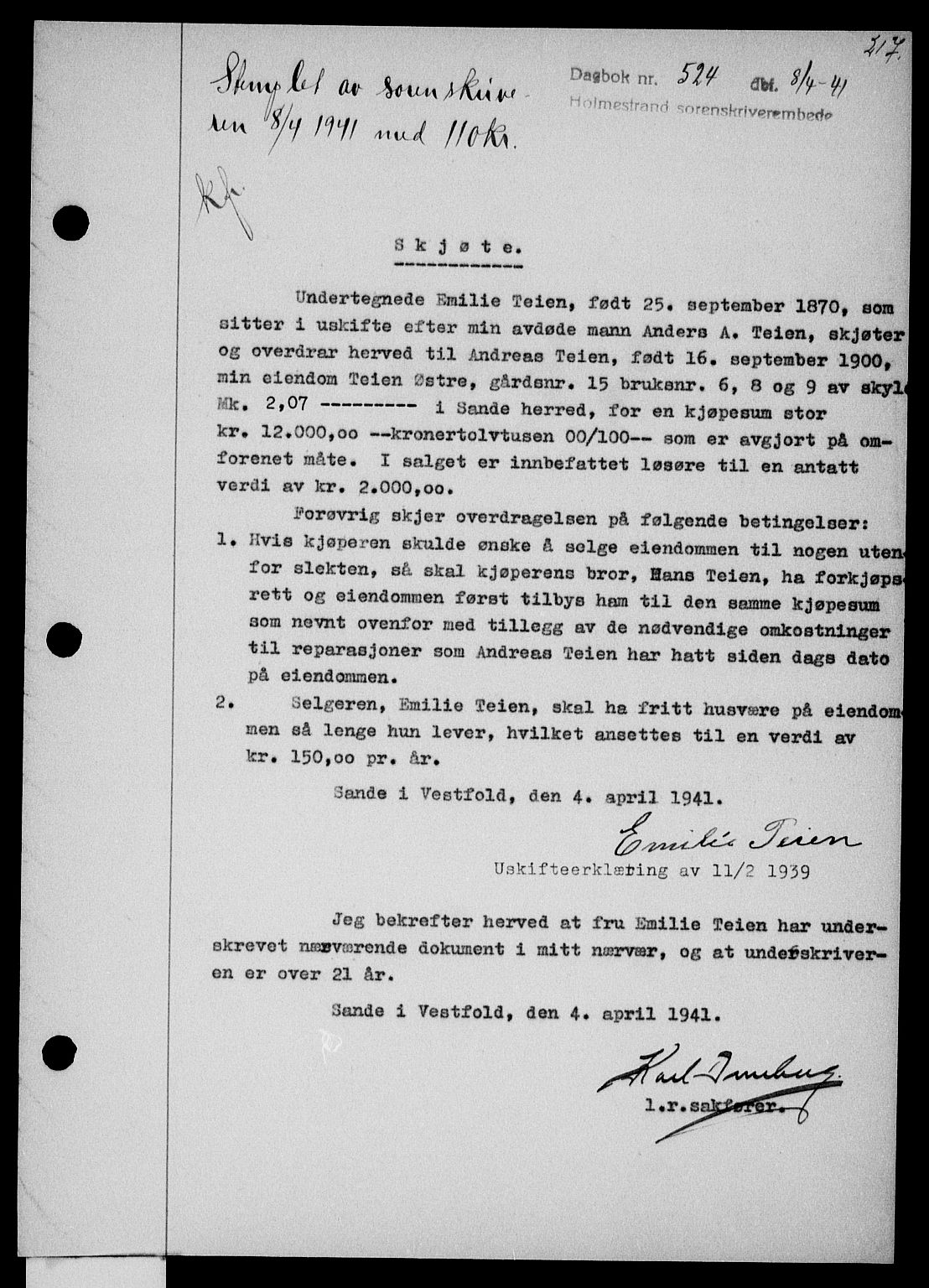 Holmestrand sorenskriveri, SAKO/A-67/G/Ga/Gaa/L0053: Pantebok nr. A-53, 1941-1941, Dagboknr: 524/1941