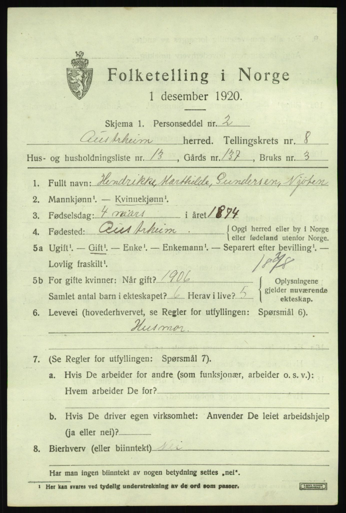 SAB, Folketelling 1920 for 1264 Austrheim herred, 1920, s. 3128