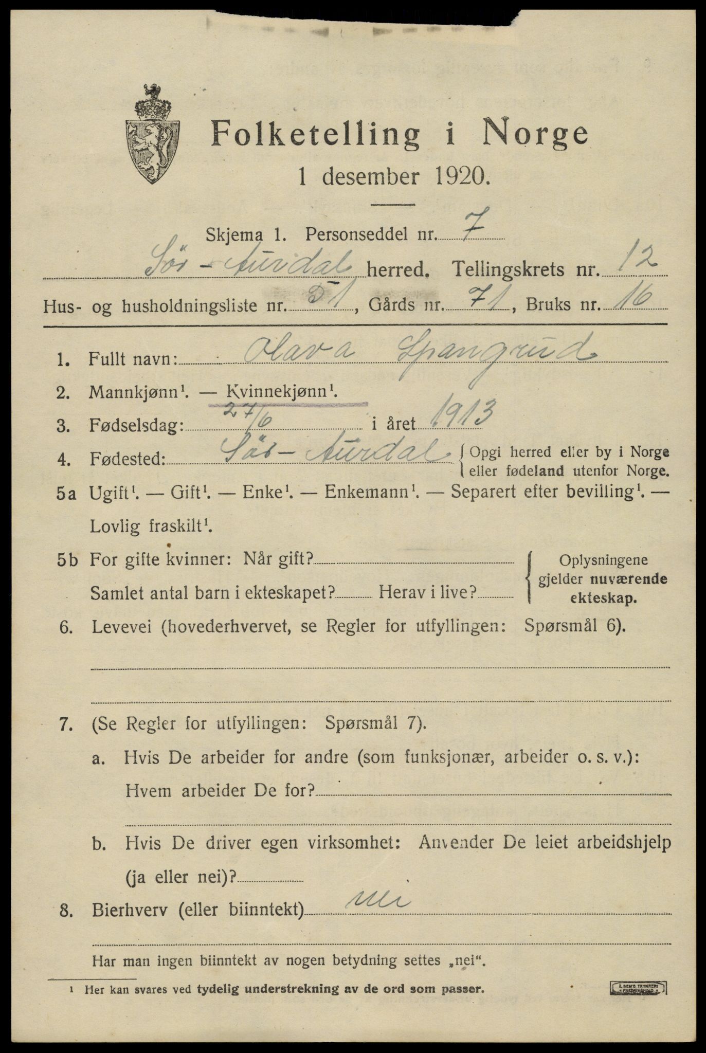 SAH, Folketelling 1920 for 0540 Sør-Aurdal herred, 1920, s. 7457