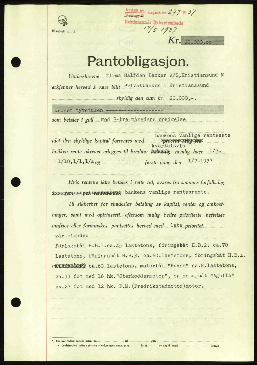 Kristiansund byfogd, SAT/A-4587/A/27: Pantebok nr. 29, 1936-1937, Dagboknr: 277/1937