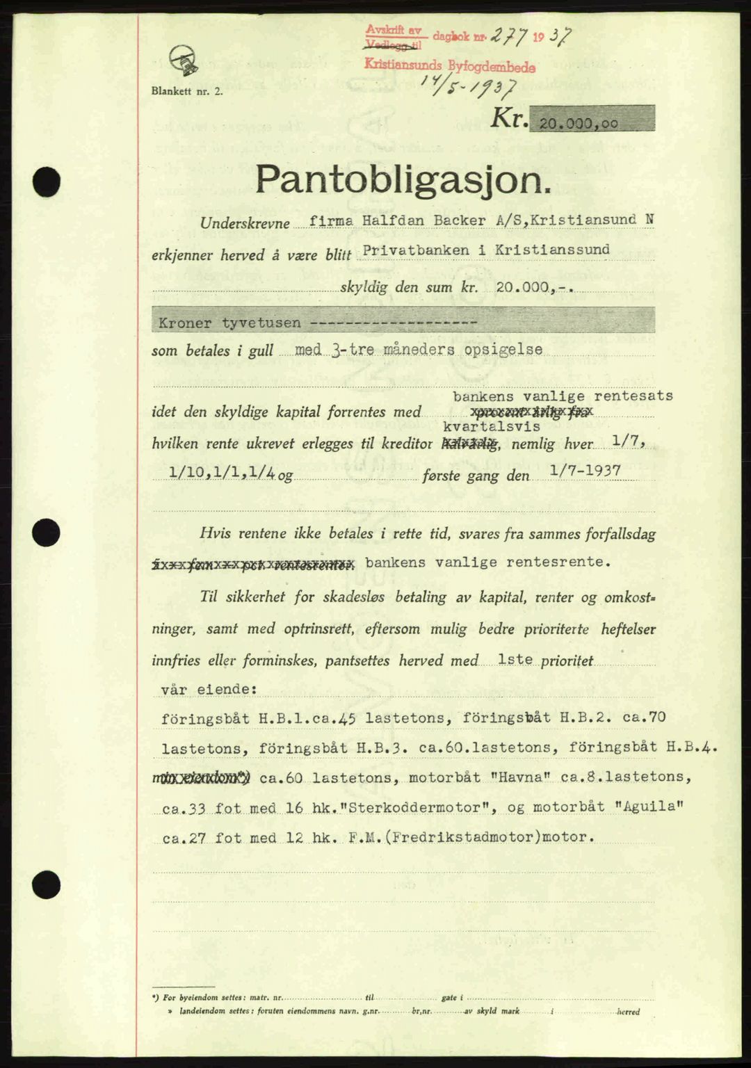 Kristiansund byfogd, AV/SAT-A-4587/A/27: Pantebok nr. 29, 1936-1937, Dagboknr: 277/1937