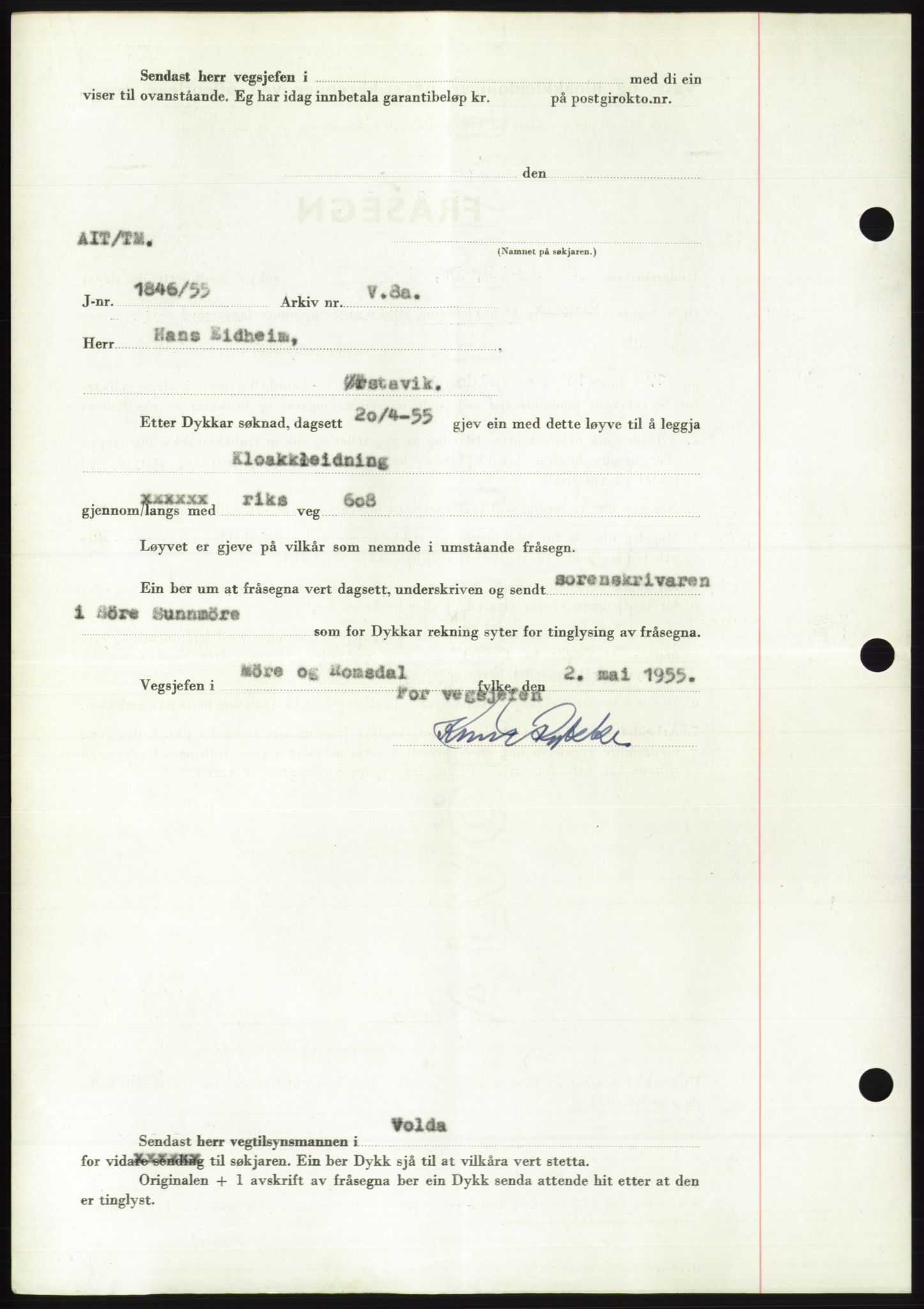 Søre Sunnmøre sorenskriveri, AV/SAT-A-4122/1/2/2C/L0101: Pantebok nr. 27A, 1955-1955, Dagboknr: 1492/1955