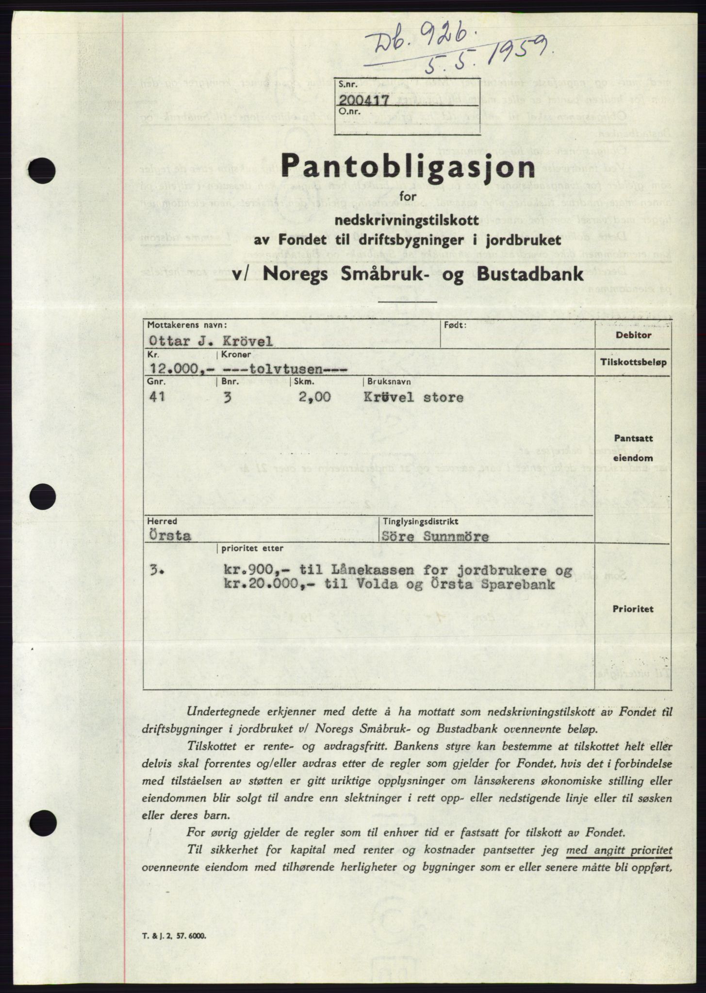 Søre Sunnmøre sorenskriveri, SAT/A-4122/1/2/2C/L0133: Pantebok nr. 21B, 1959-1959, Dagboknr: 926/1959