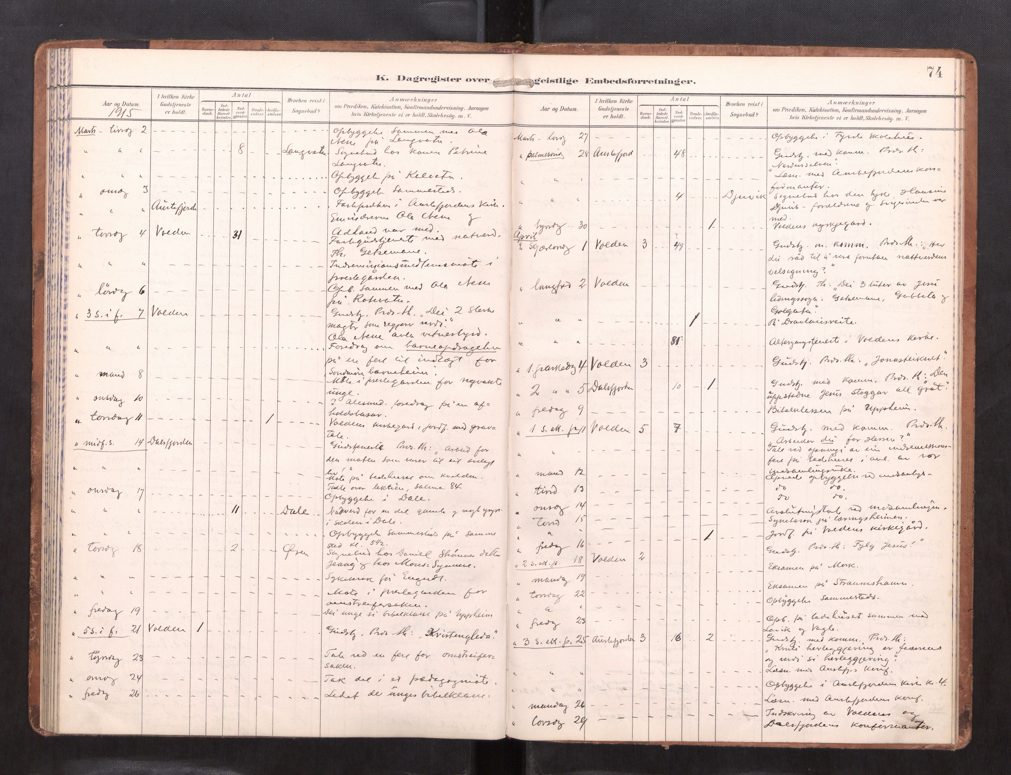 Ministerialprotokoller, klokkerbøker og fødselsregistre - Møre og Romsdal, AV/SAT-A-1454/511/L0146: Dagsregister nr. 511---, 1896-1919, s. 74