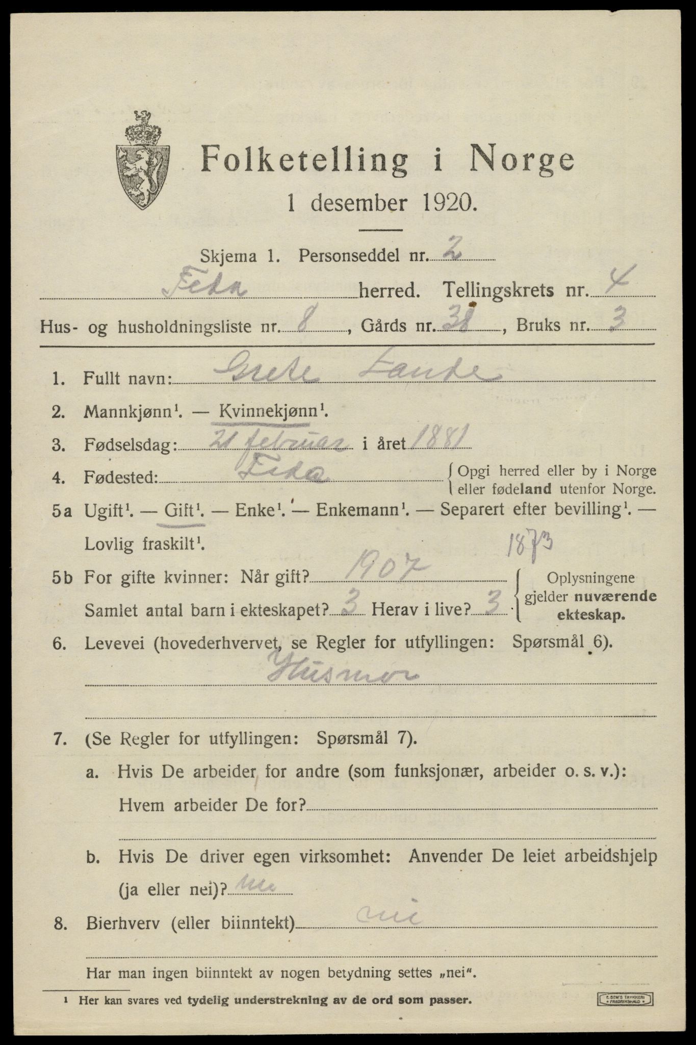 SAK, Folketelling 1920 for 1038 Feda herred, 1920, s. 1889