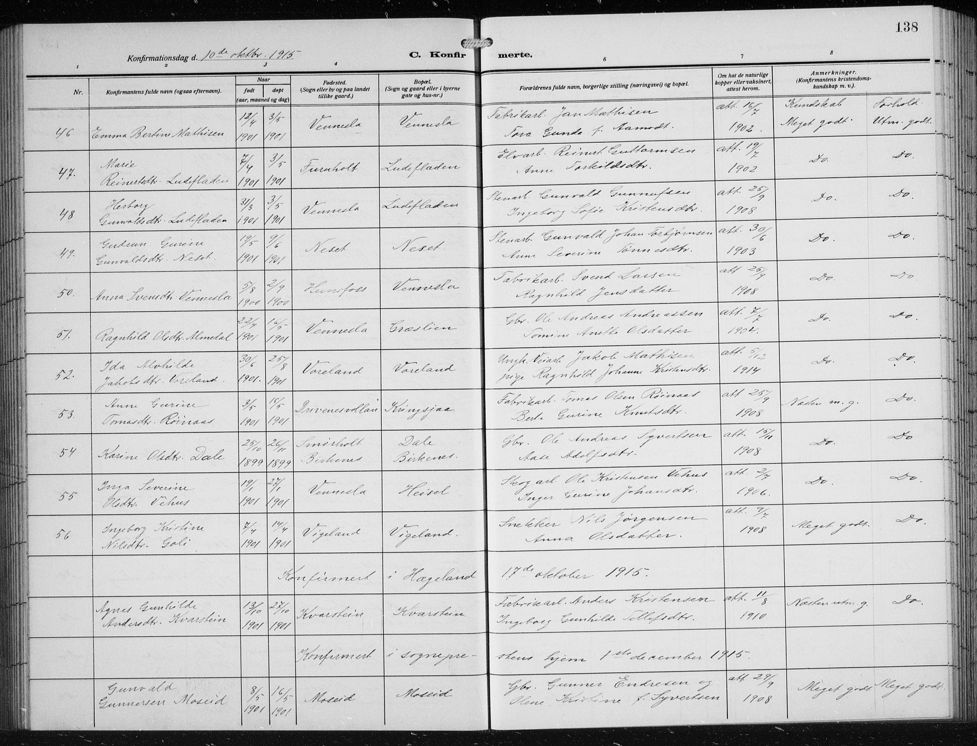 Vennesla sokneprestkontor, AV/SAK-1111-0045/Fb/Fbb/L0006: Klokkerbok nr. B 6, 1914-1921, s. 138