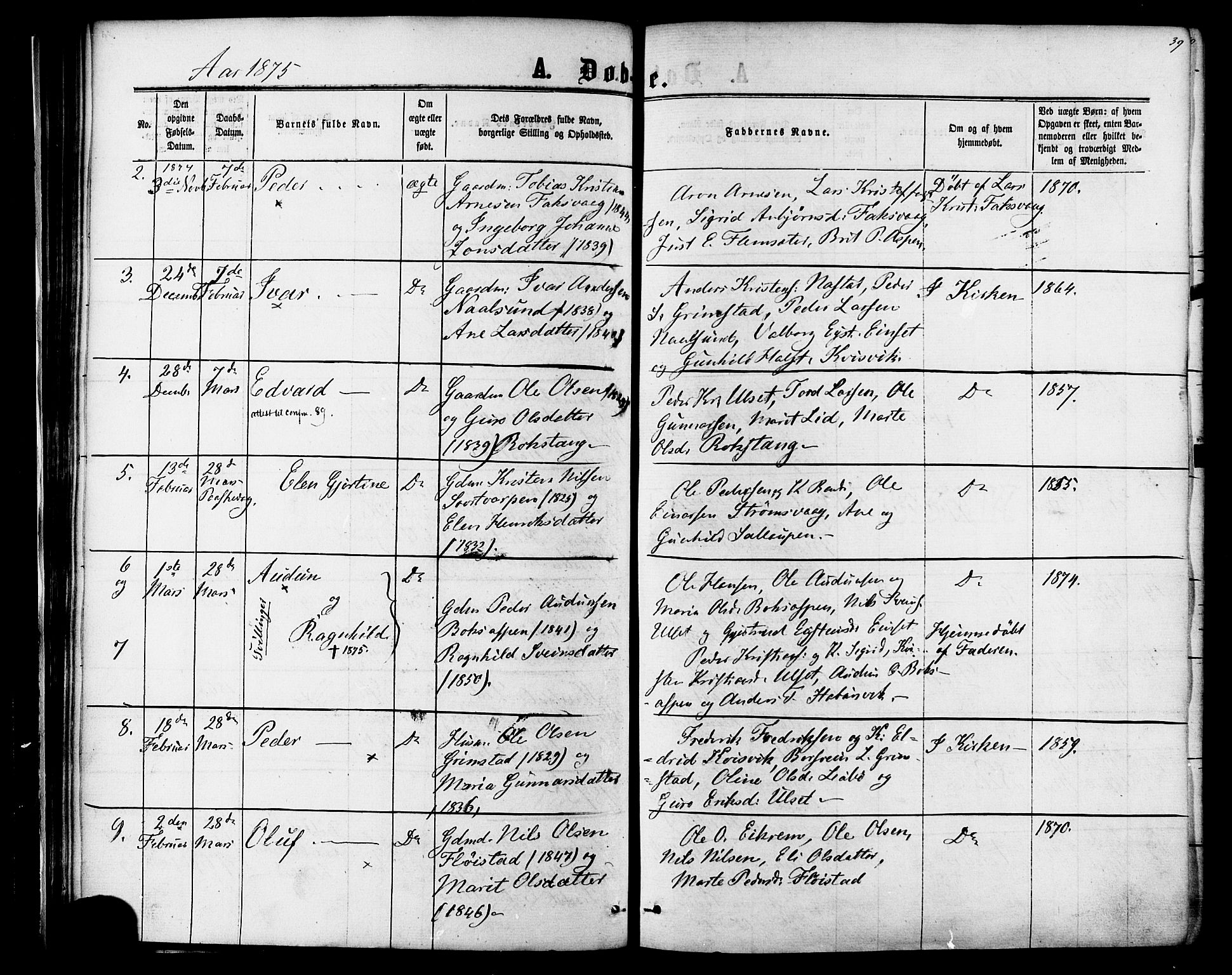 Ministerialprotokoller, klokkerbøker og fødselsregistre - Møre og Romsdal, AV/SAT-A-1454/587/L0999: Ministerialbok nr. 587A01, 1864-1886, s. 39