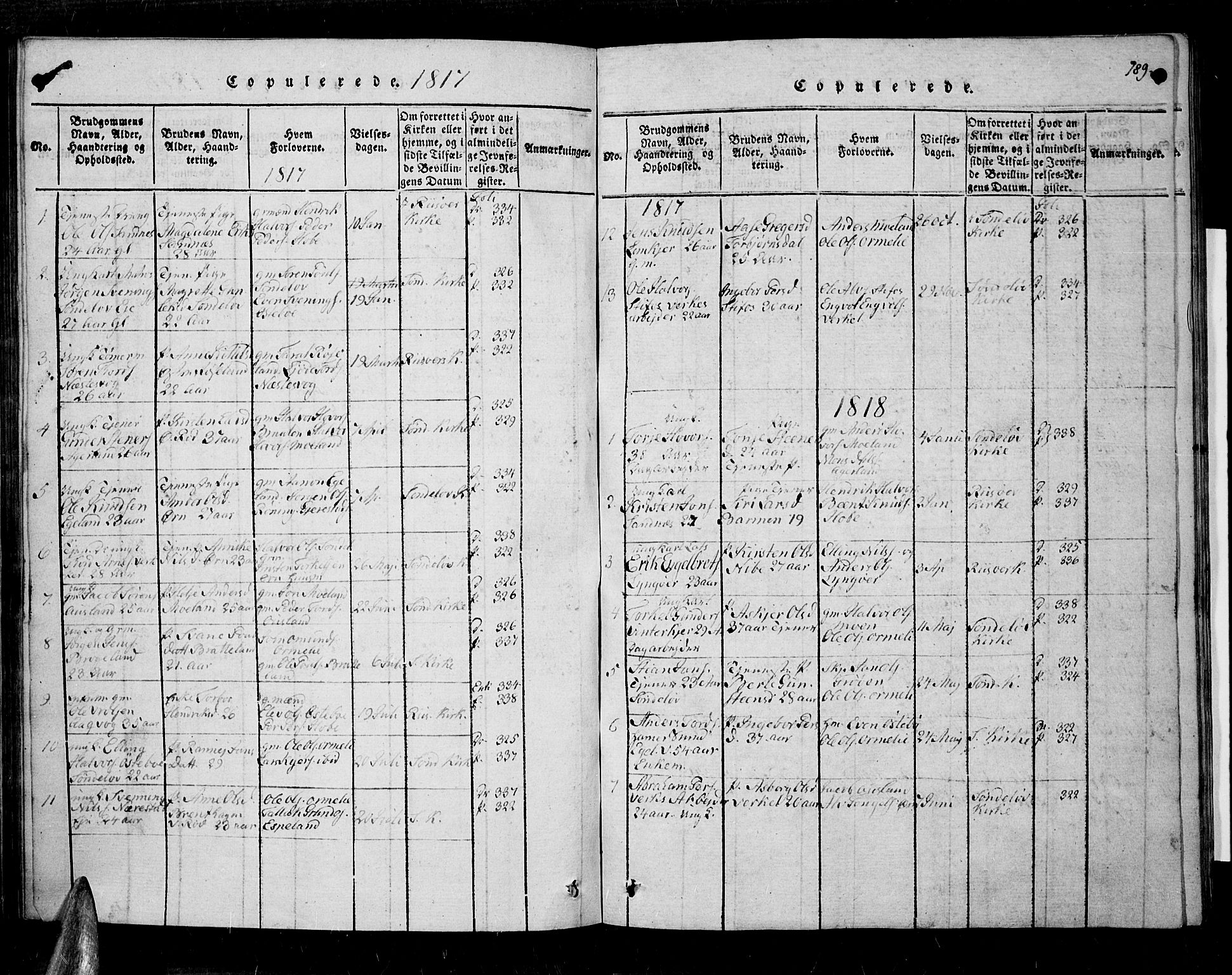 Søndeled sokneprestkontor, SAK/1111-0038/F/Fa/L0001: Ministerialbok nr. A 1, 1816-1838, s. 189