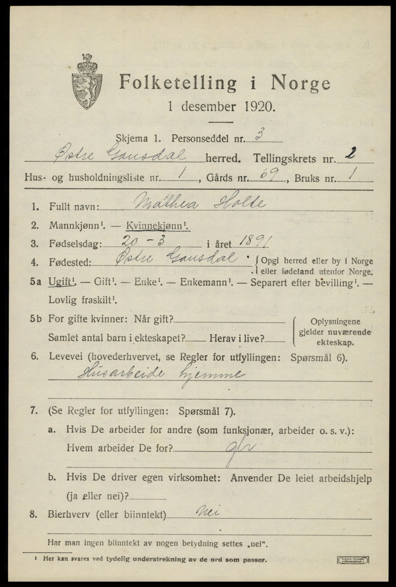 SAH, Folketelling 1920 for 0522 Østre Gausdal herred, 1920, s. 1366