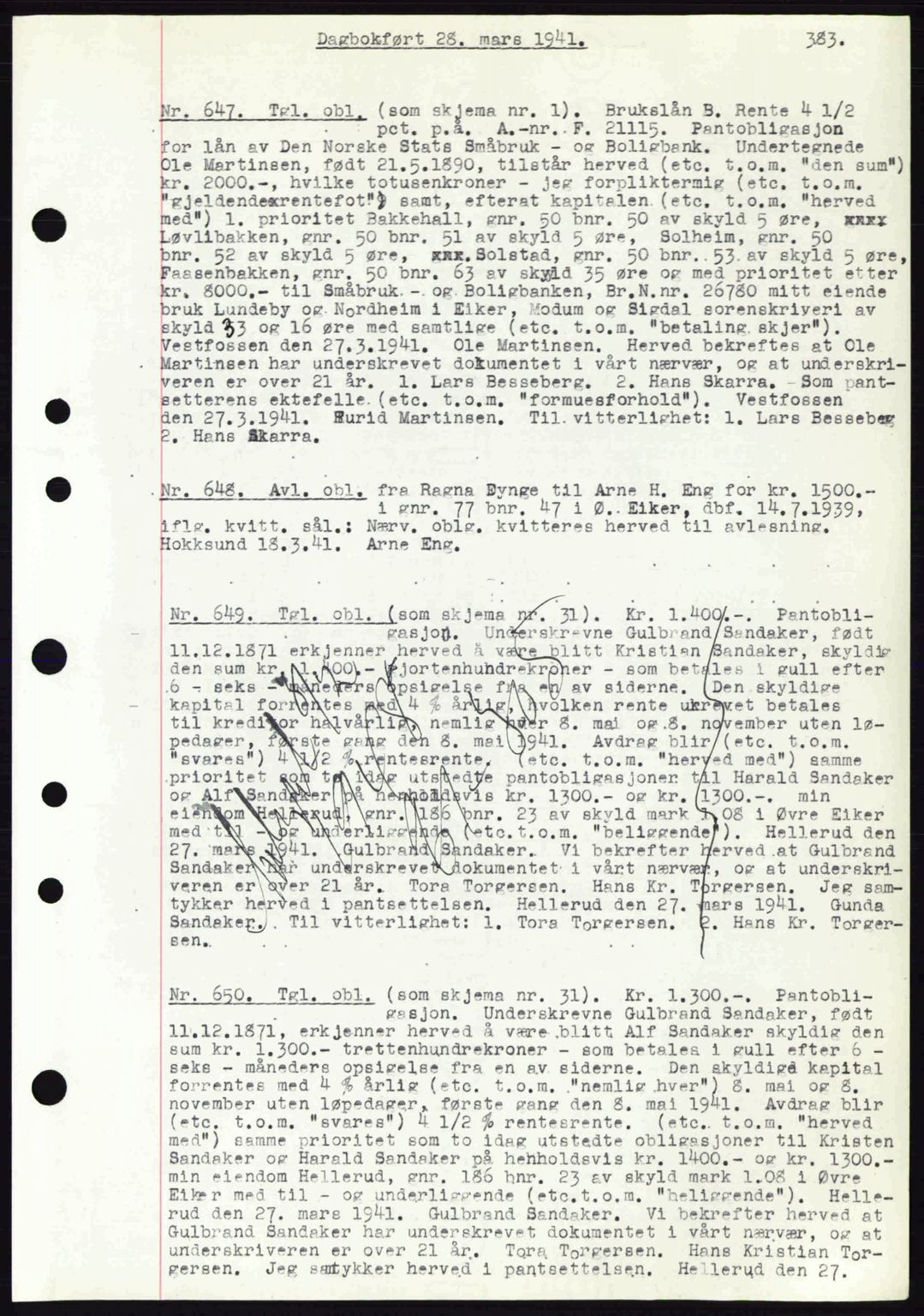Eiker, Modum og Sigdal sorenskriveri, SAKO/A-123/G/Ga/Gab/L0043: Pantebok nr. A13, 1940-1941, Dagboknr: 647/1941