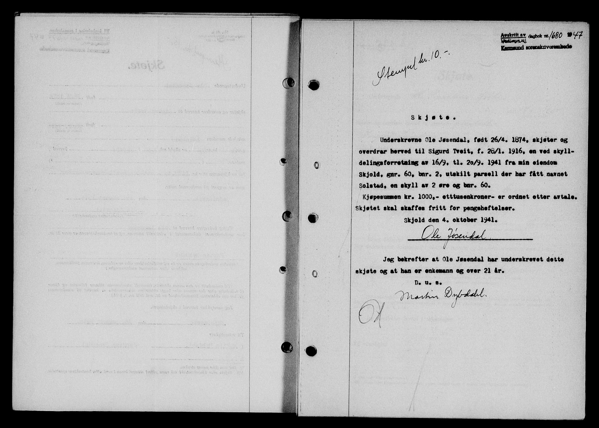 Karmsund sorenskriveri, SAST/A-100311/01/II/IIB/L0090: Pantebok nr. 70A, 1947-1947, Dagboknr: 1680/1947