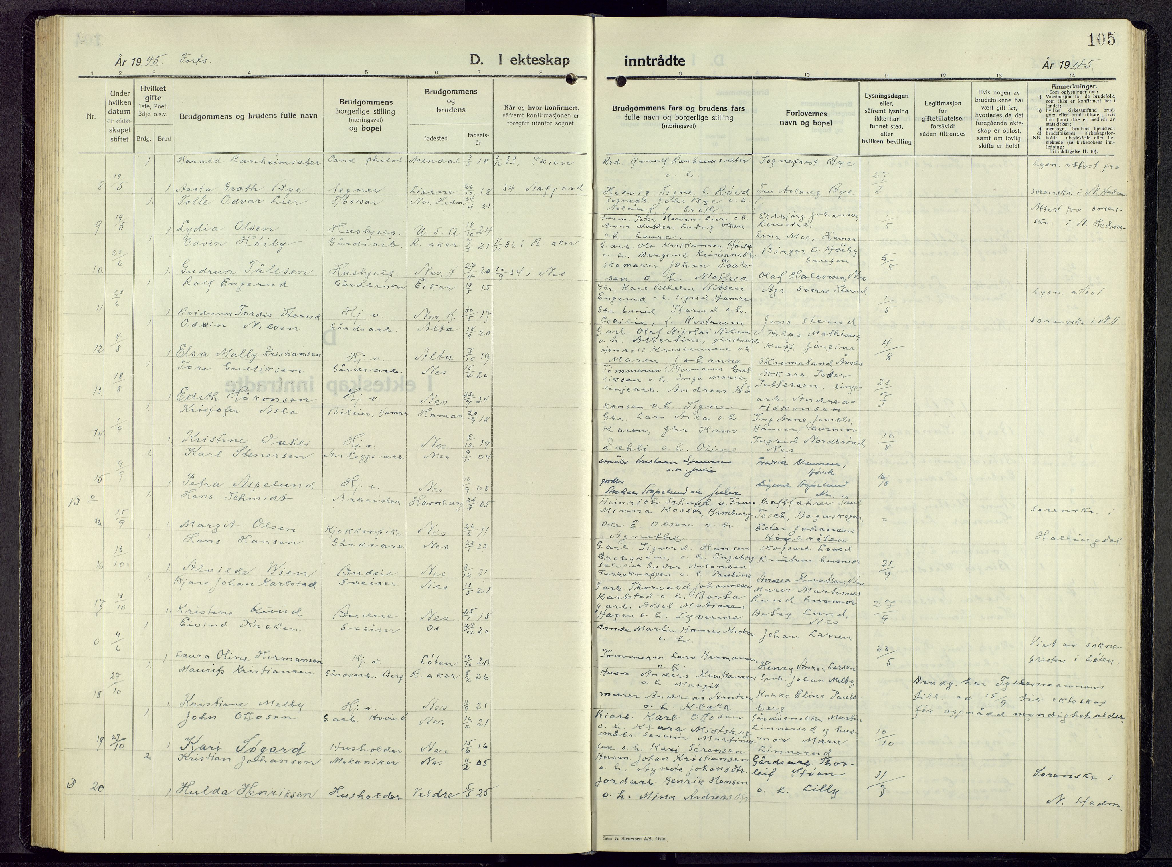 Nes prestekontor, Hedmark, SAH/PREST-020/L/La/L0014: Klokkerbok nr. 14, 1948-1967, s. 105