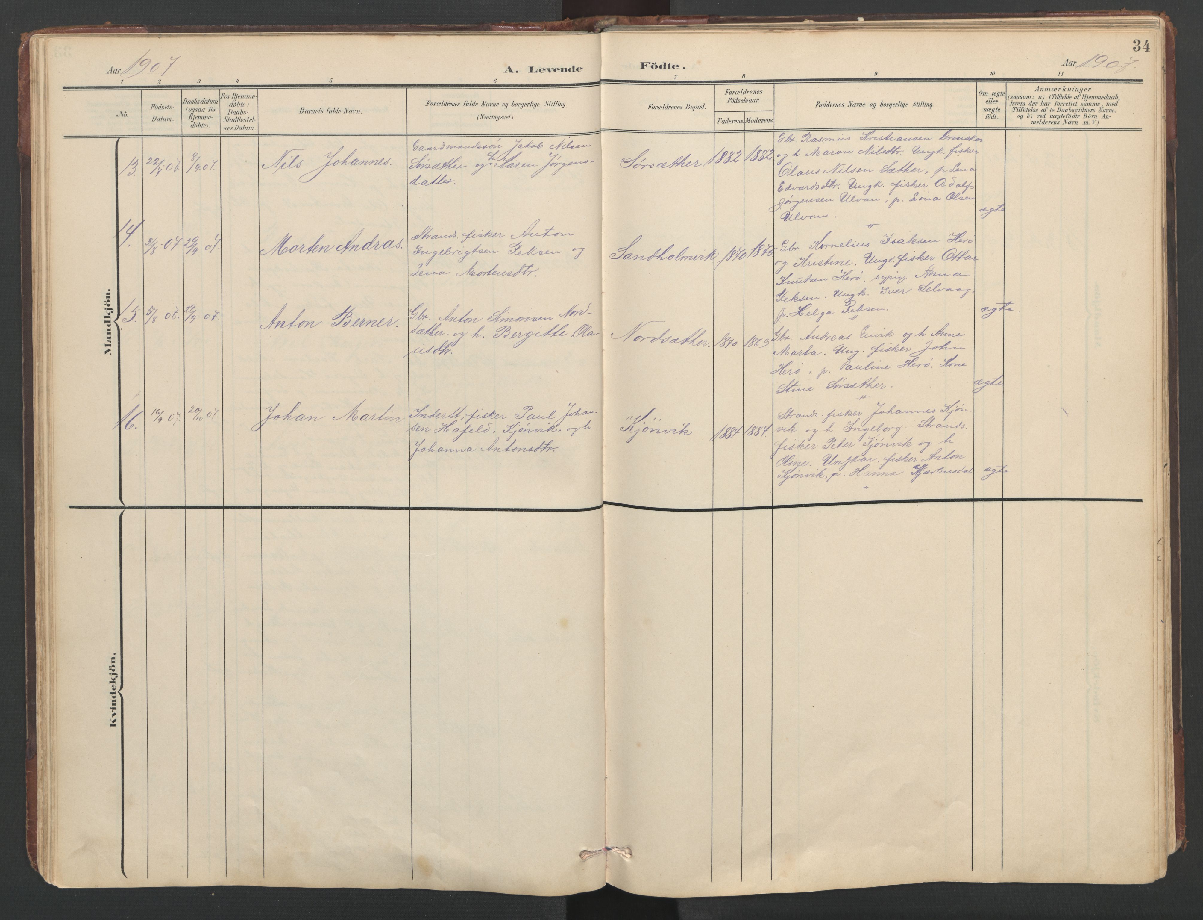 Ministerialprotokoller, klokkerbøker og fødselsregistre - Sør-Trøndelag, SAT/A-1456/638/L0571: Klokkerbok nr. 638C03, 1901-1930, s. 34