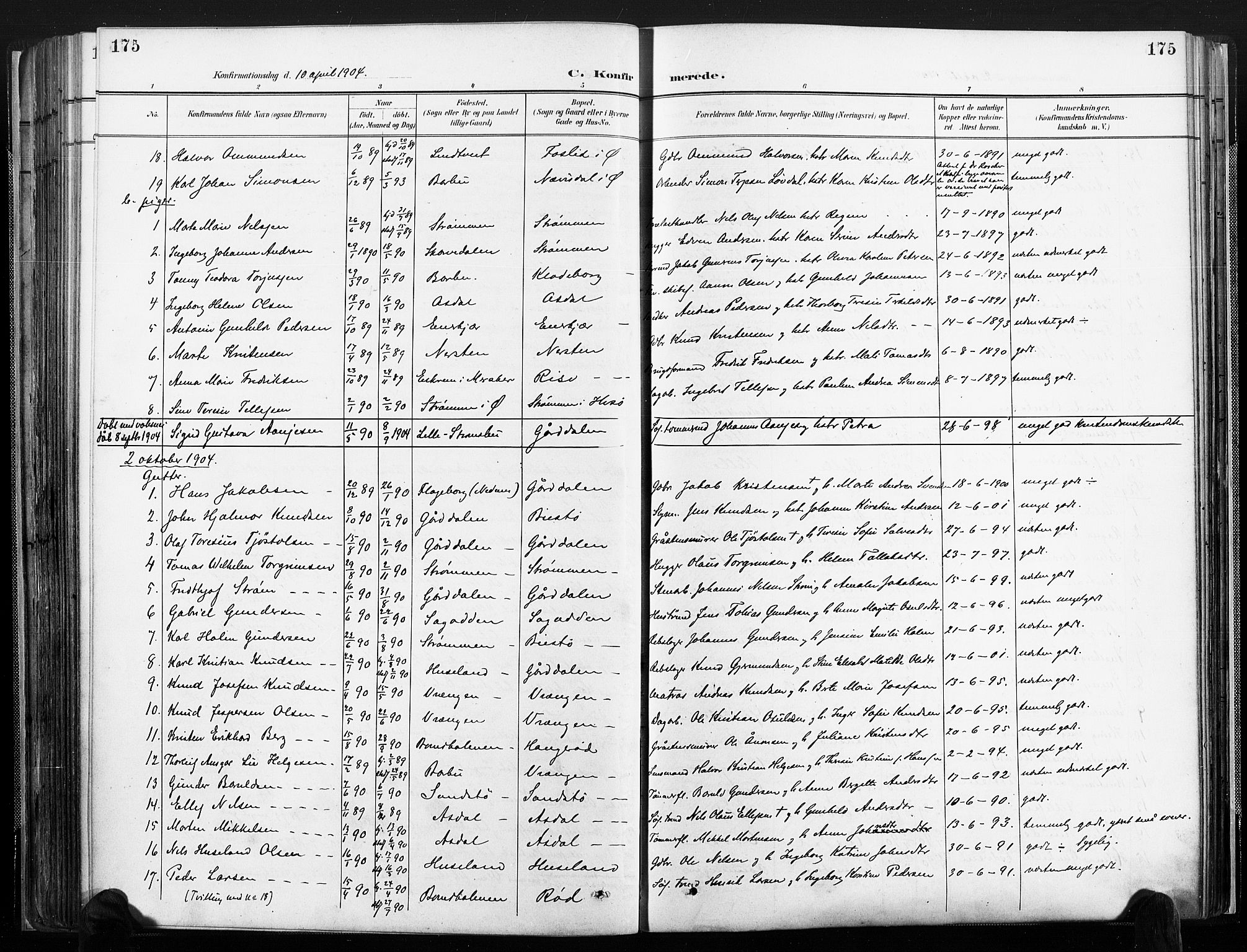 Øyestad sokneprestkontor, AV/SAK-1111-0049/F/Fa/L0018: Ministerialbok nr. A 18, 1897-1907, s. 175