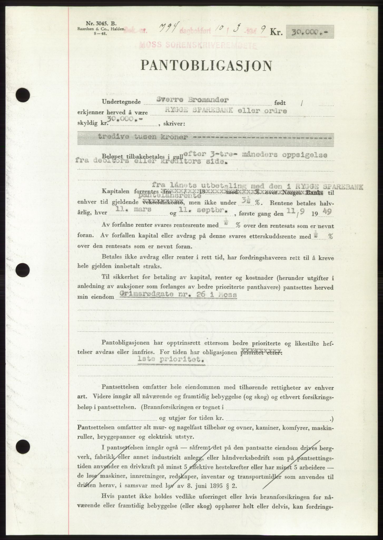 Moss sorenskriveri, SAO/A-10168: Pantebok nr. B21, 1949-1949, Dagboknr: 794/1949