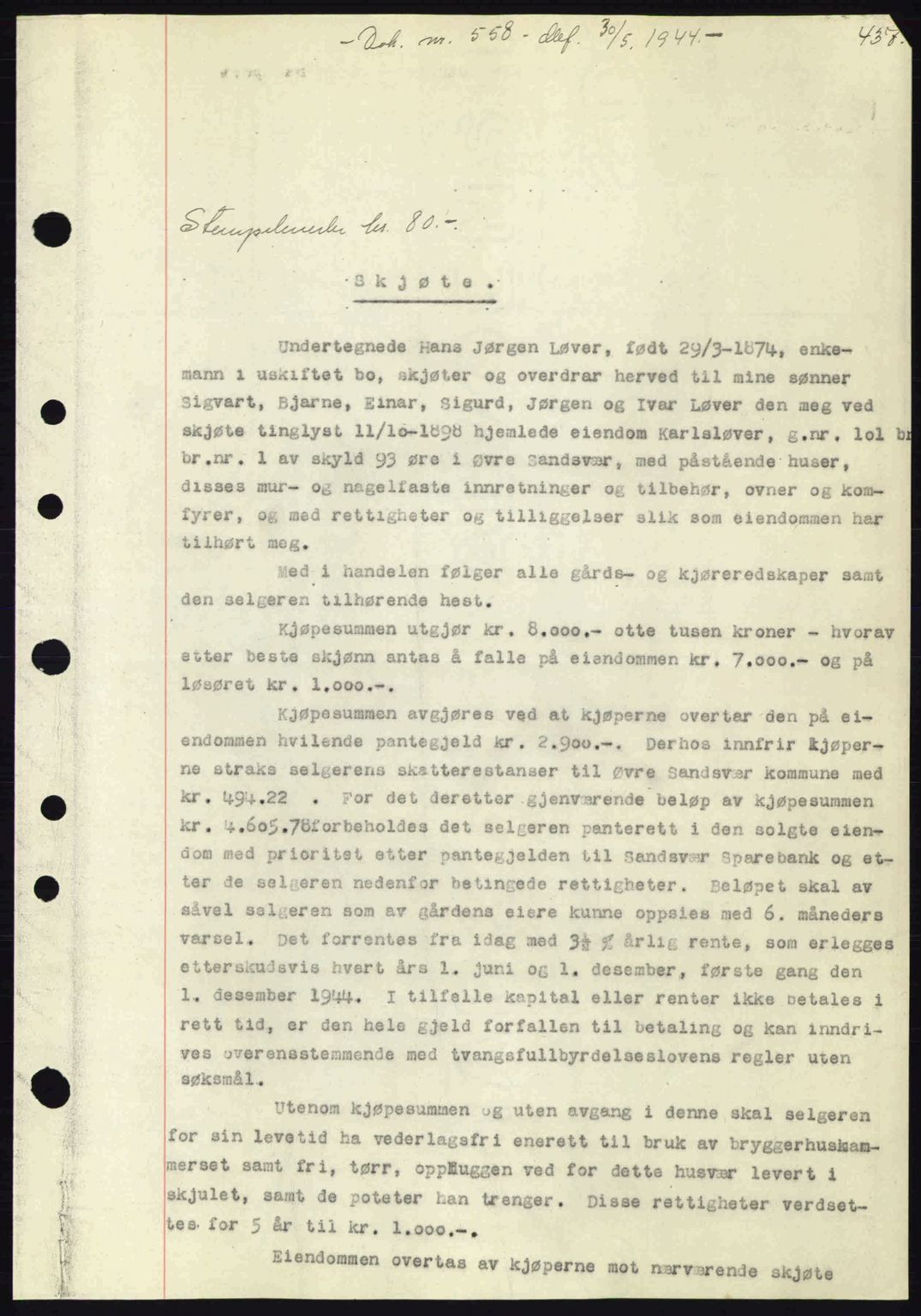 Numedal og Sandsvær sorenskriveri, SAKO/A-128/G/Ga/Gaa/L0055: Pantebok nr. A7, 1943-1944, Dagboknr: 558/1944