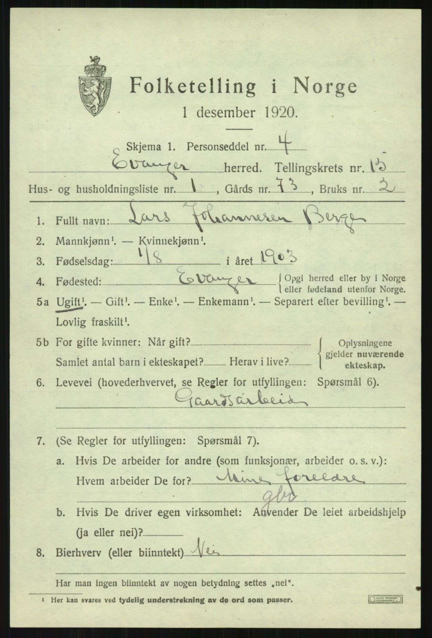 SAB, Folketelling 1920 for 1237 Evanger herred, 1920, s. 4091