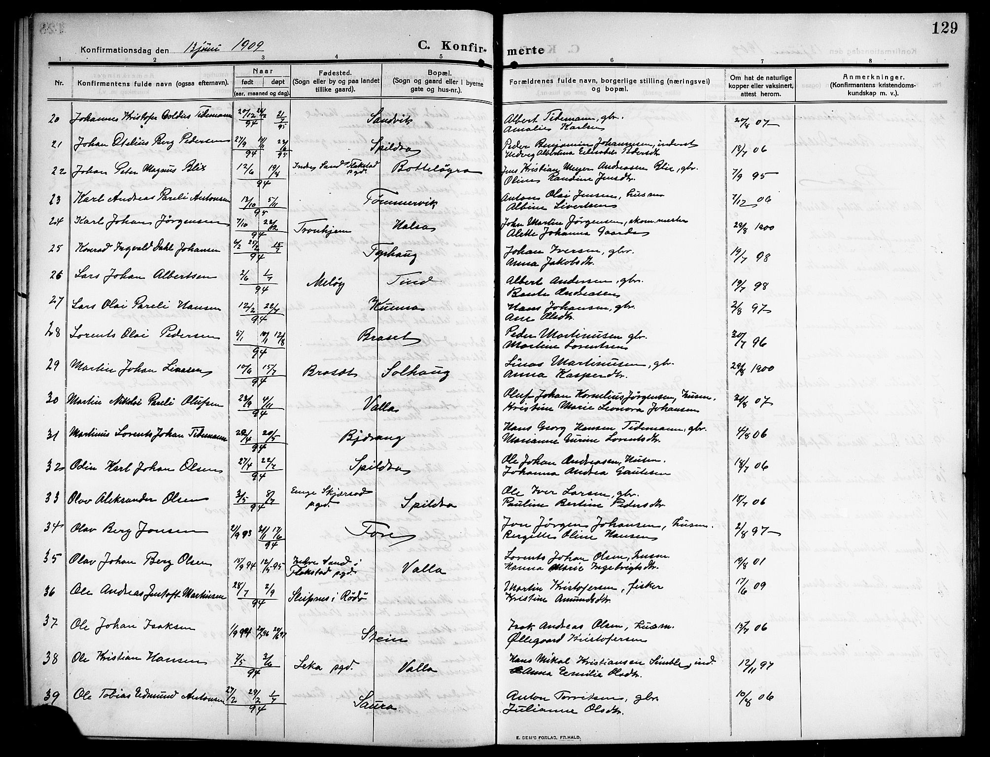 Ministerialprotokoller, klokkerbøker og fødselsregistre - Nordland, AV/SAT-A-1459/843/L0639: Klokkerbok nr. 843C08, 1908-1924, s. 129