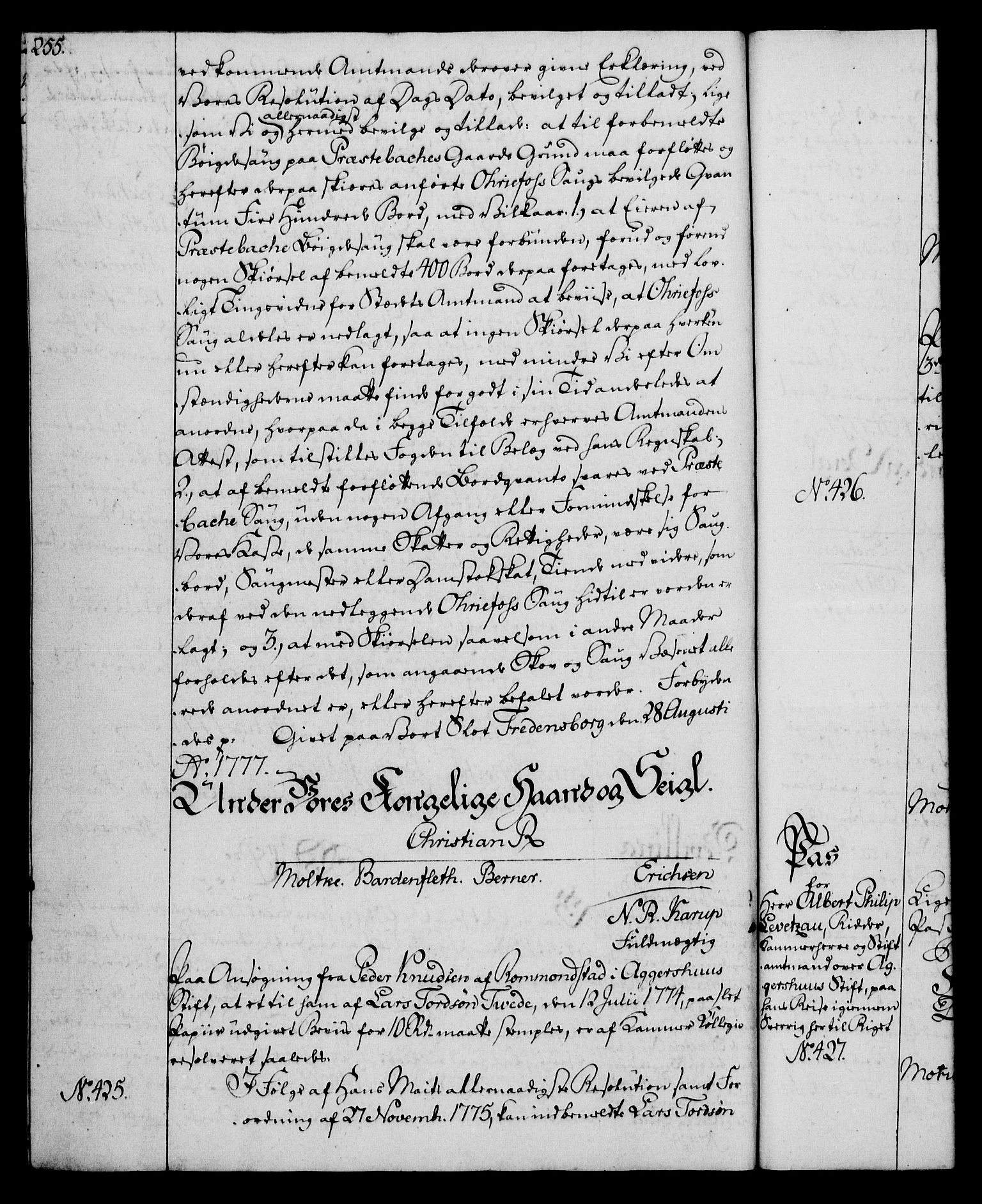 Rentekammeret, Kammerkanselliet, AV/RA-EA-3111/G/Gg/Gga/L0010: Norsk ekspedisjonsprotokoll med register (merket RK 53.10), 1773-1778, s. 255