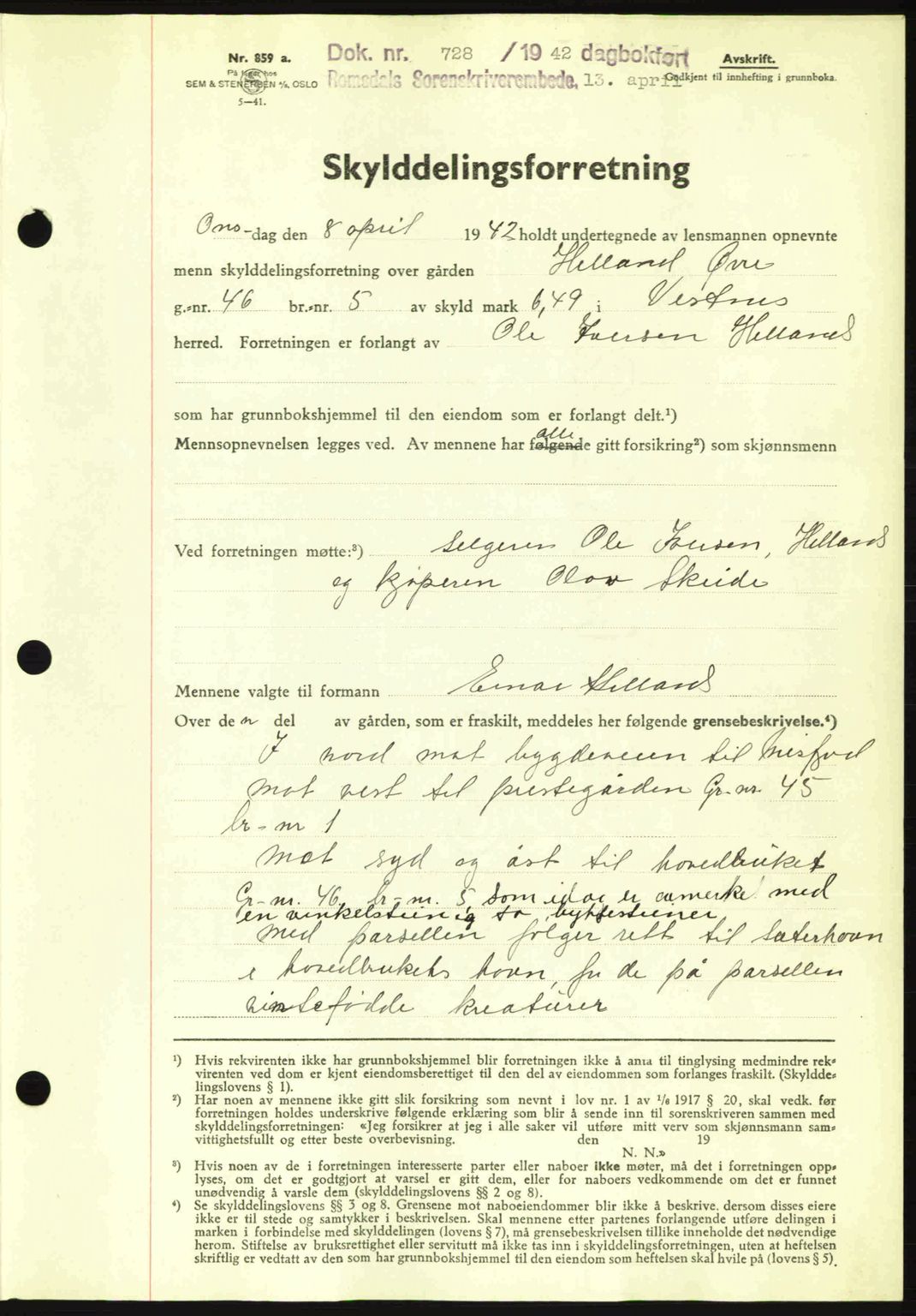 Romsdal sorenskriveri, SAT/A-4149/1/2/2C: Pantebok nr. A12, 1942-1942, Dagboknr: 728/1942