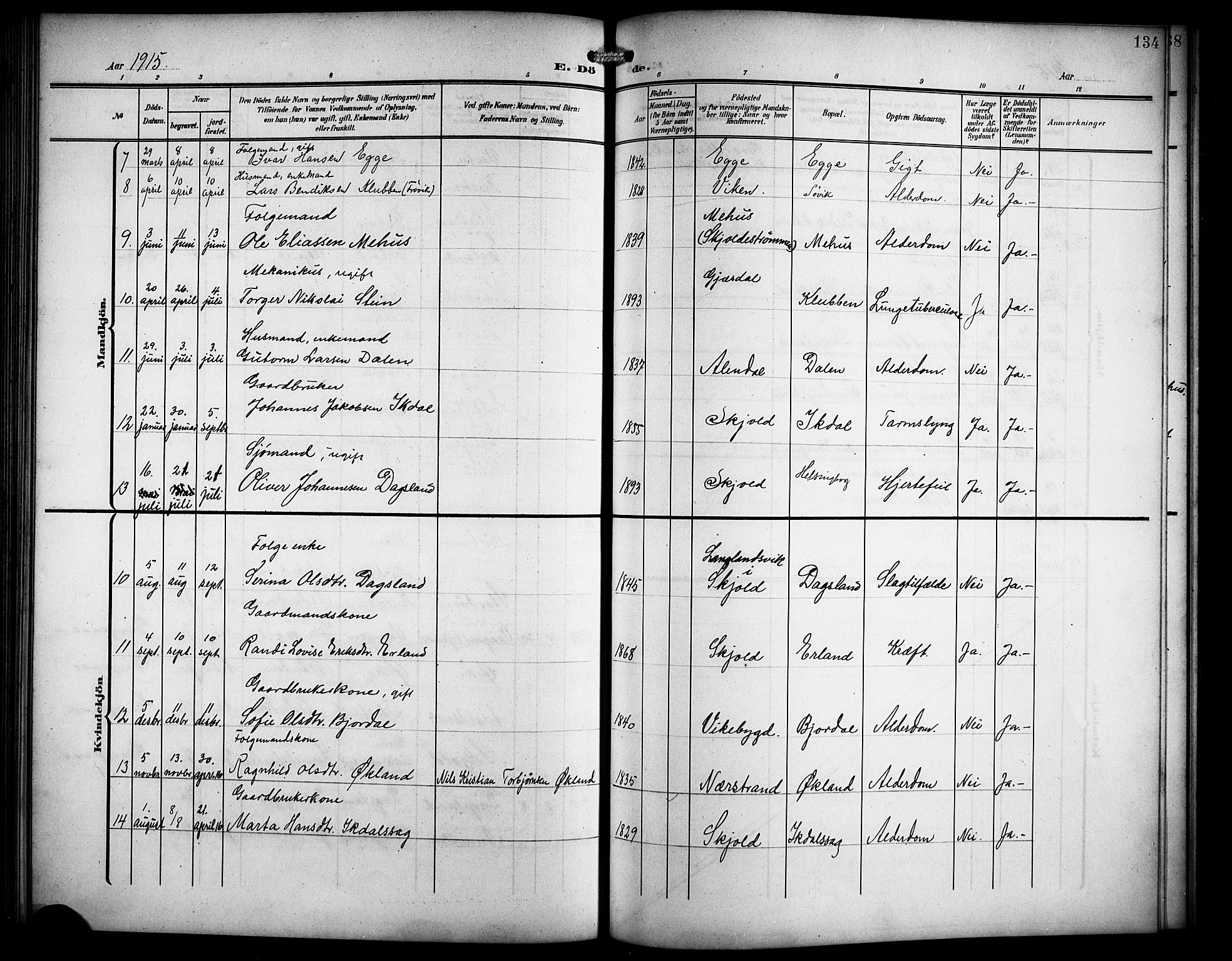 Skjold sokneprestkontor, AV/SAST-A-101847/H/Ha/Hab/L0008: Klokkerbok nr. B 8, 1906-1920, s. 134