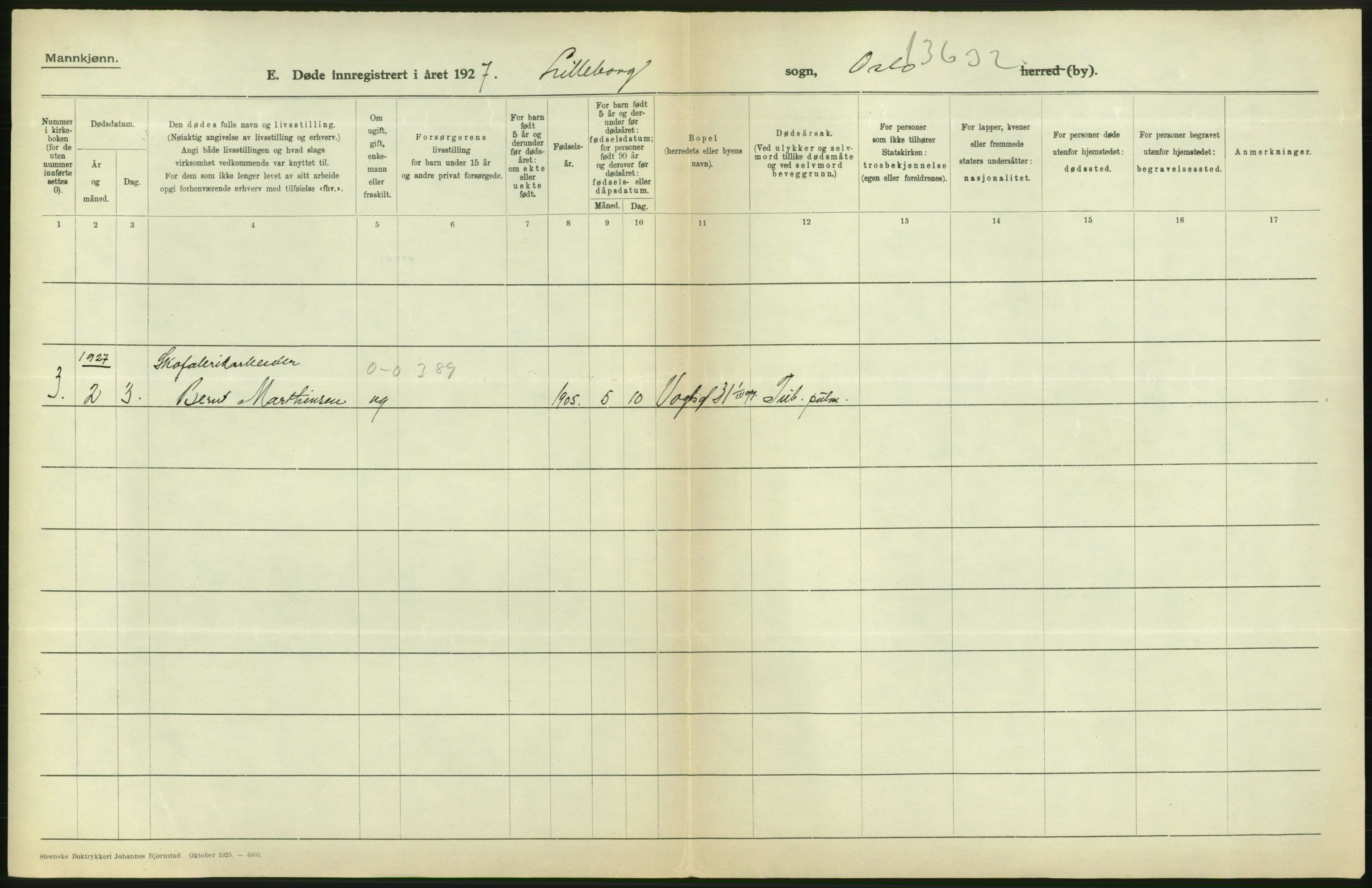 Statistisk sentralbyrå, Sosiodemografiske emner, Befolkning, AV/RA-S-2228/D/Df/Dfc/Dfcg/L0009: Oslo: Døde menn, 1927, s. 278