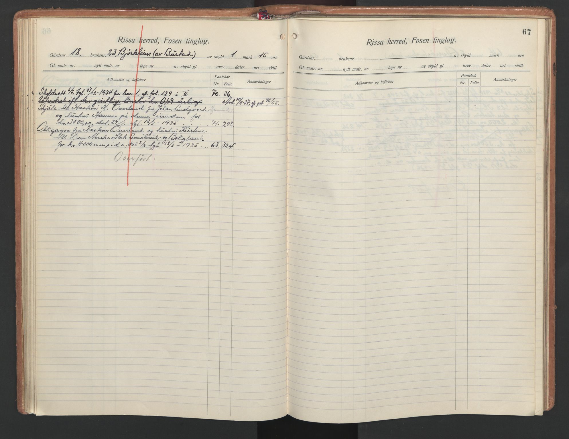 Fosen sorenskriveri, AV/SAT-A-1107/1/2/2A/L0036: Panteregister nr. 36, s. 67