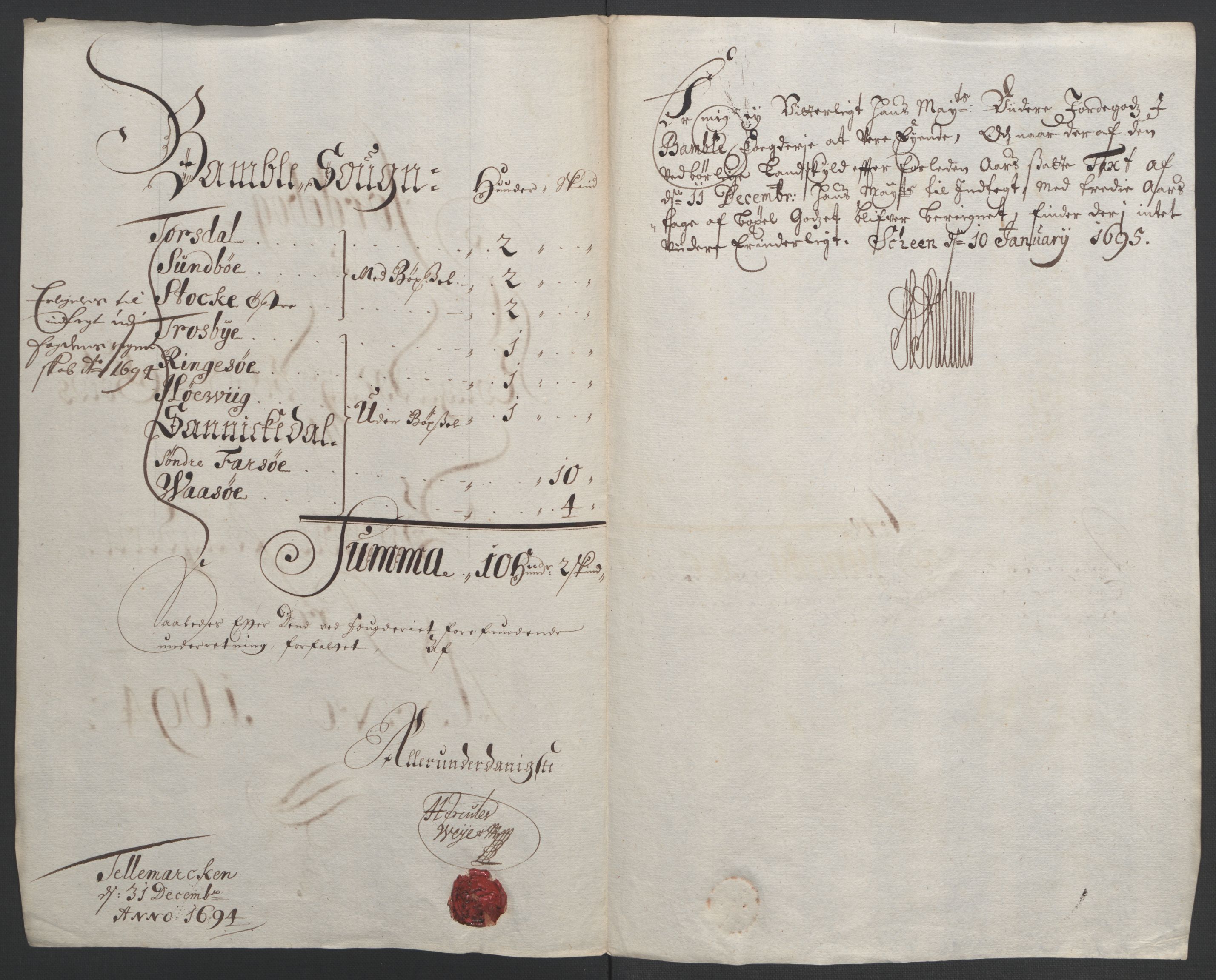 Rentekammeret inntil 1814, Reviderte regnskaper, Fogderegnskap, AV/RA-EA-4092/R36/L2092: Fogderegnskap Øvre og Nedre Telemark og Bamble, 1694, s. 172