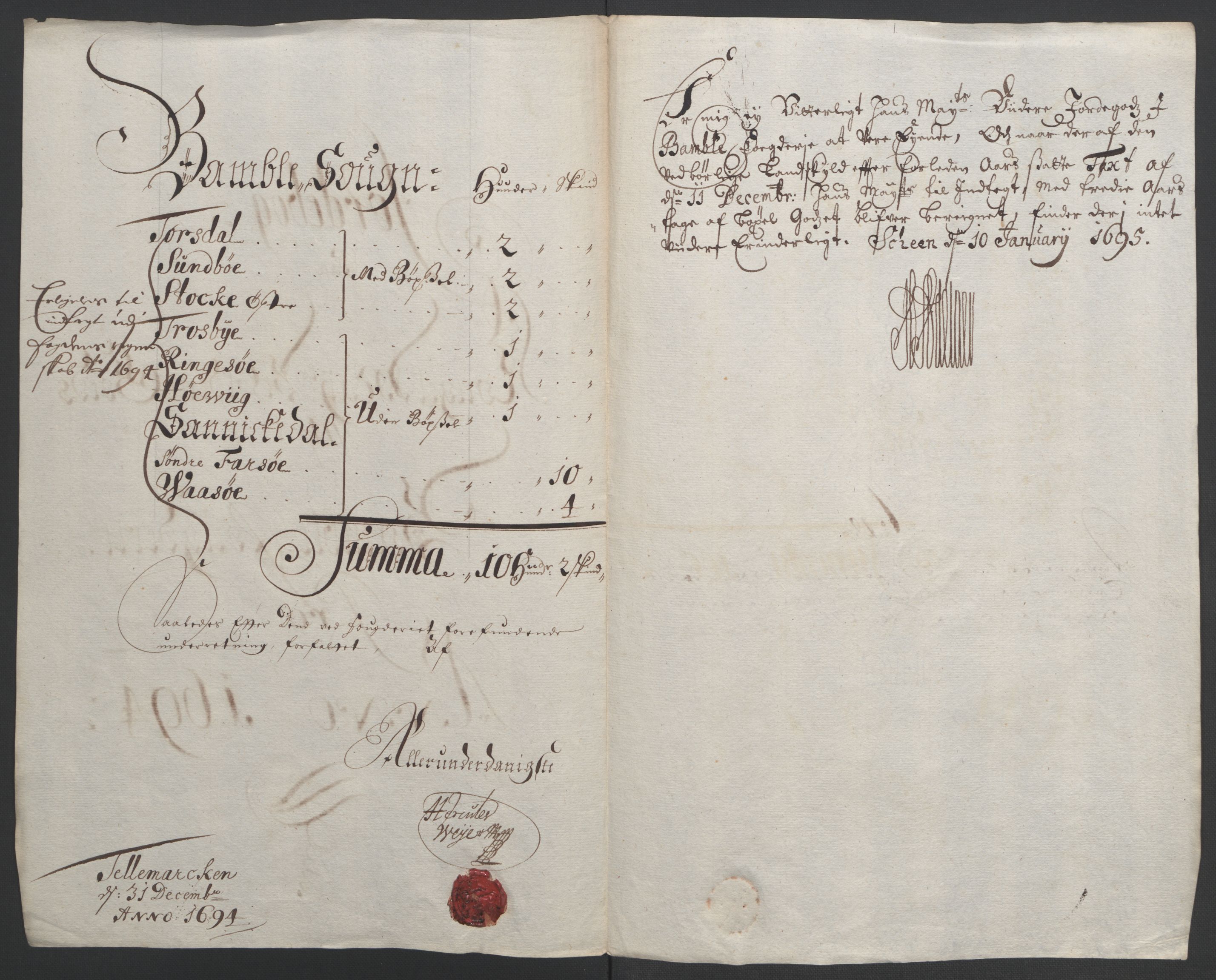 Rentekammeret inntil 1814, Reviderte regnskaper, Fogderegnskap, RA/EA-4092/R36/L2092: Fogderegnskap Øvre og Nedre Telemark og Bamble, 1694, s. 172